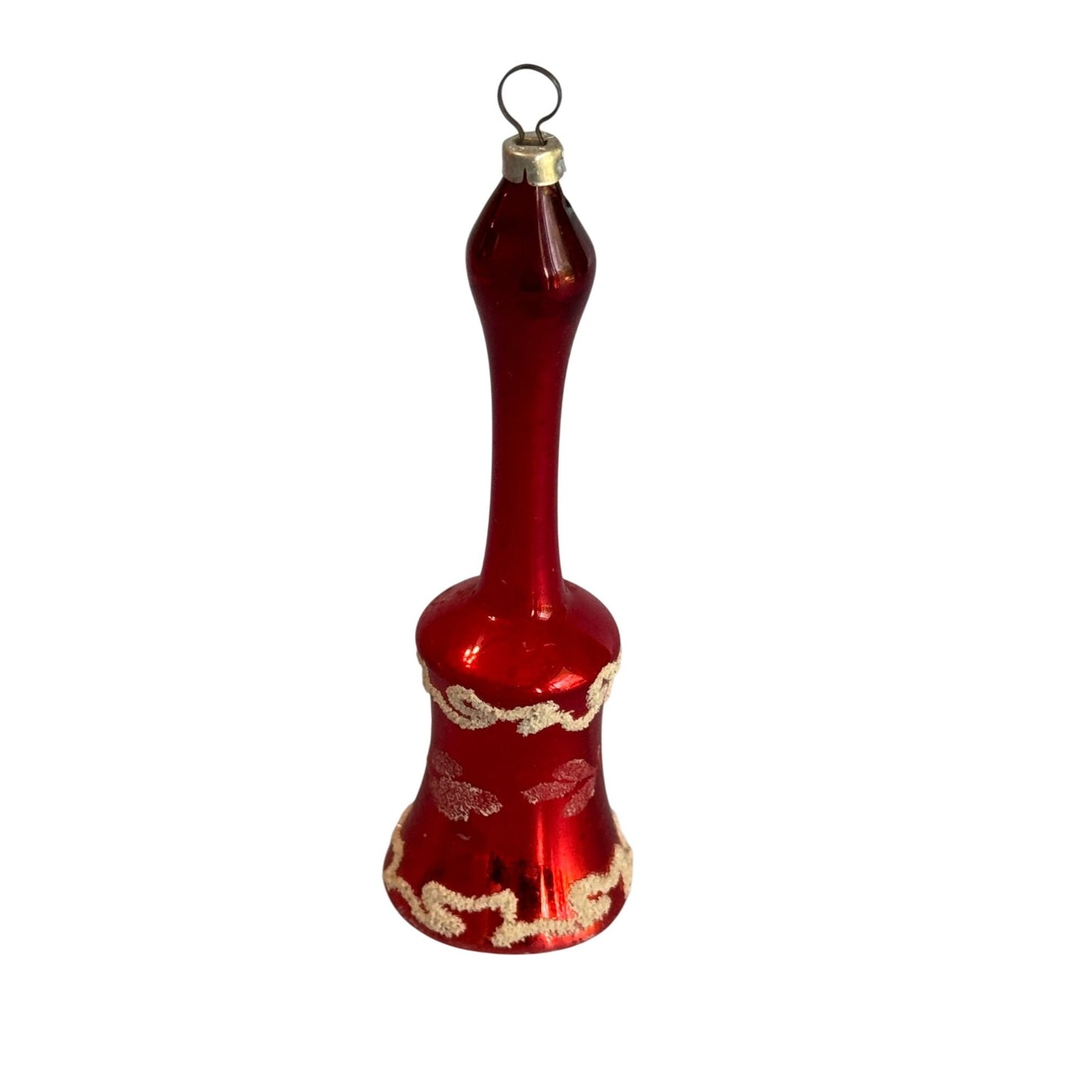 Vintage Blown Glass Christmas Bell Ornament Red Mica Trim Long Stem 1950s-60s