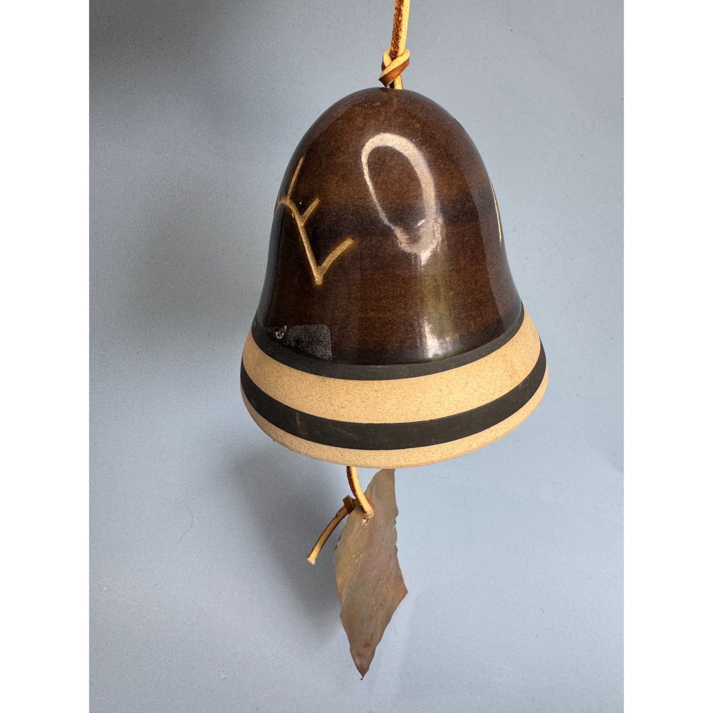 Native American Southwestern Pottery Bell With Leather Cord & Metal Clapper