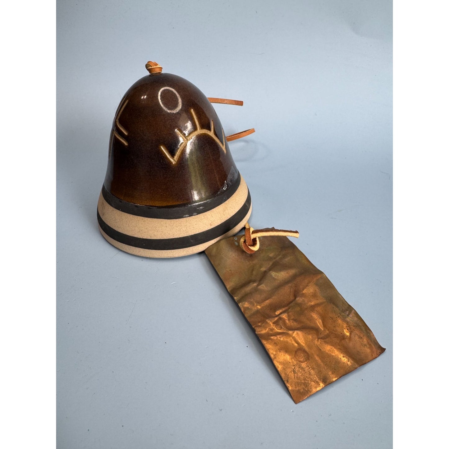 Native American Southwestern Pottery Bell With Leather Cord & Metal Clapper