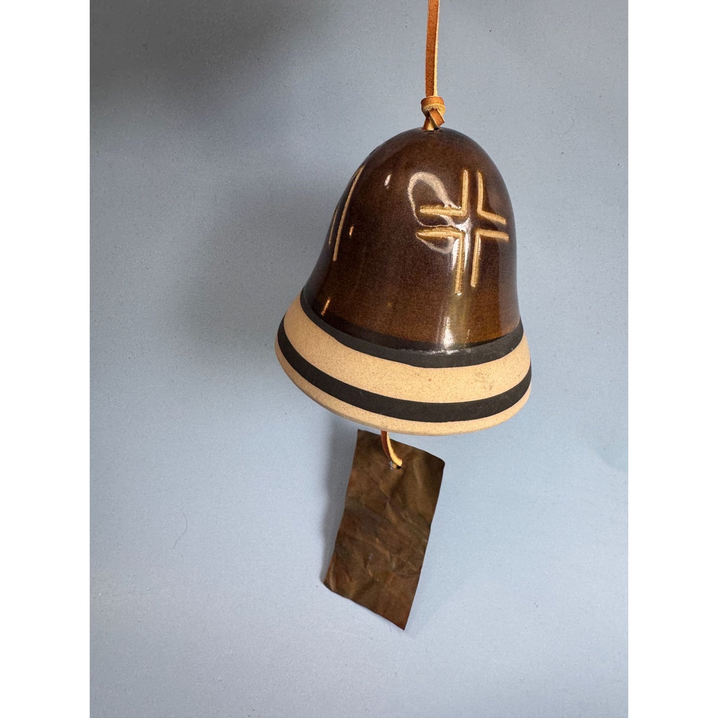 Native American Southwestern Pottery Bell With Leather Cord & Metal Clapper