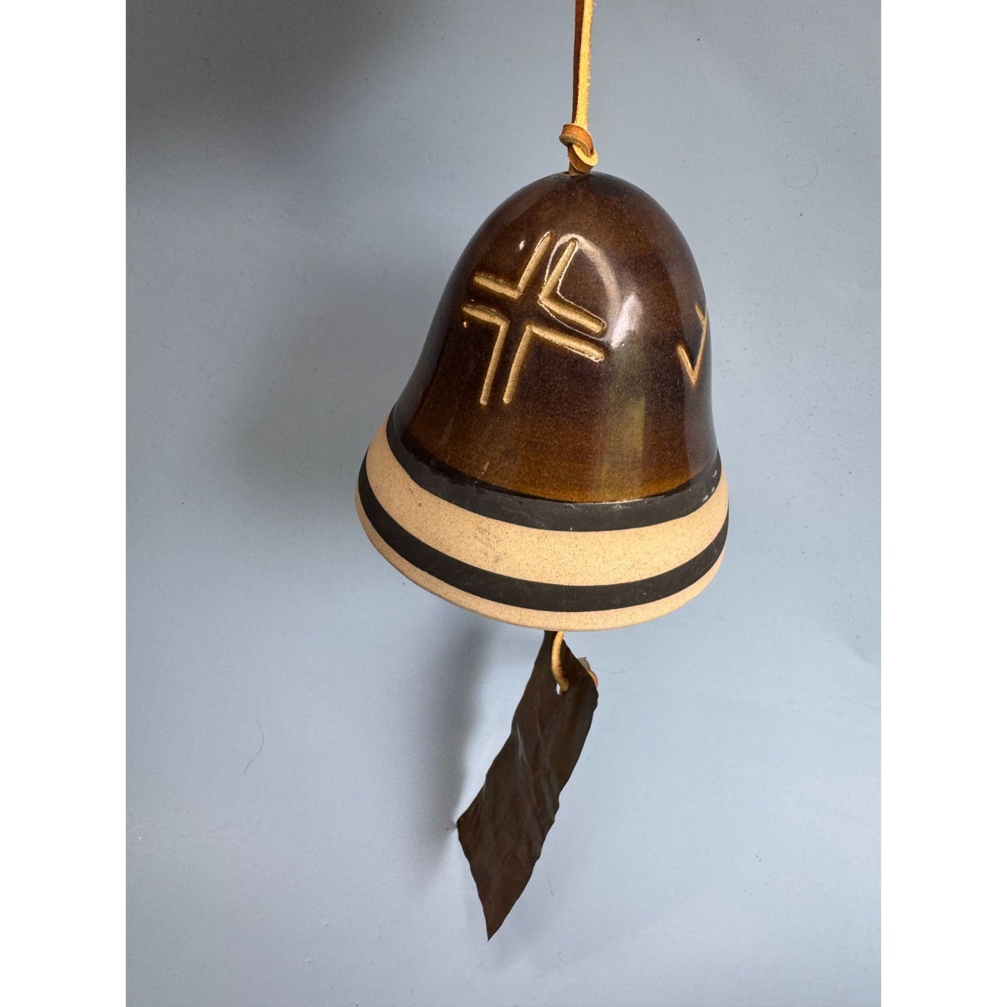 Native American Southwestern Pottery Bell With Leather Cord & Metal Clapper