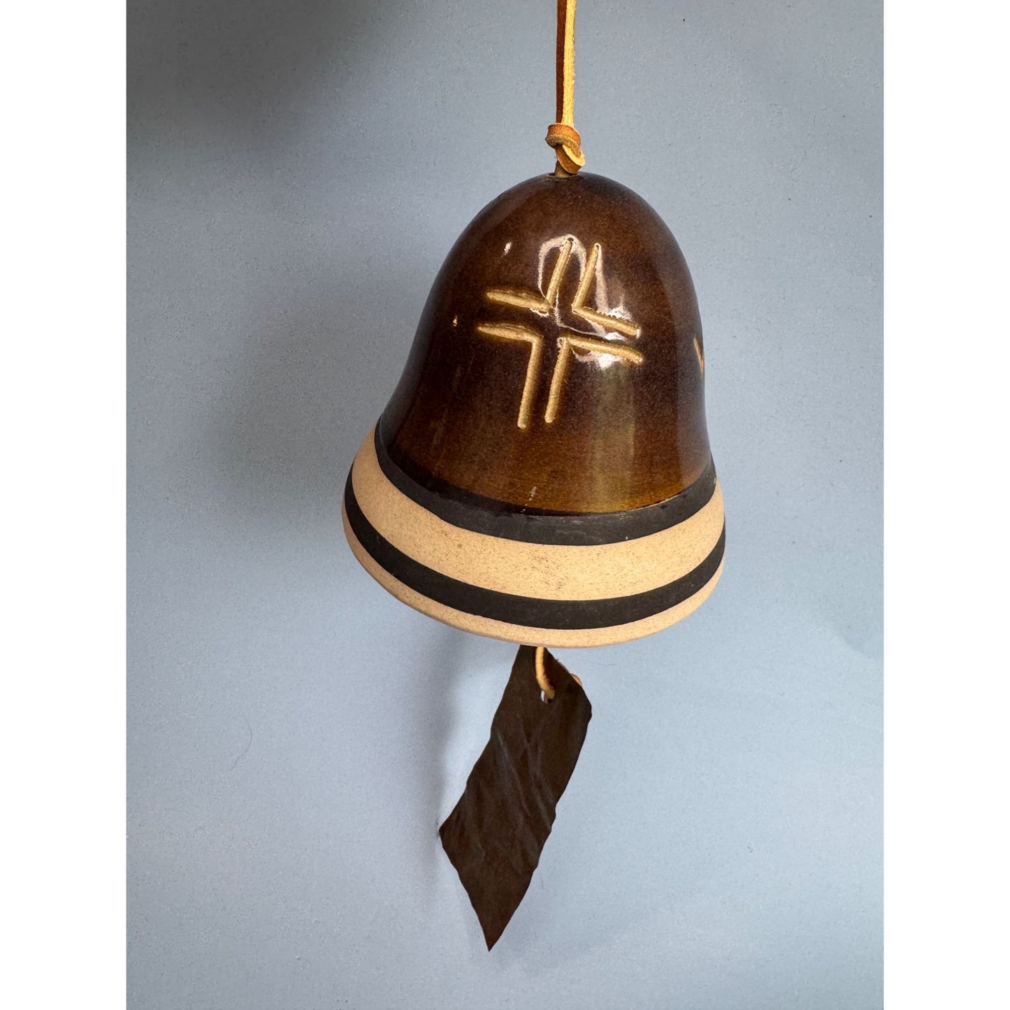 Native American Southwestern Pottery Bell With Leather Cord & Metal Clapper