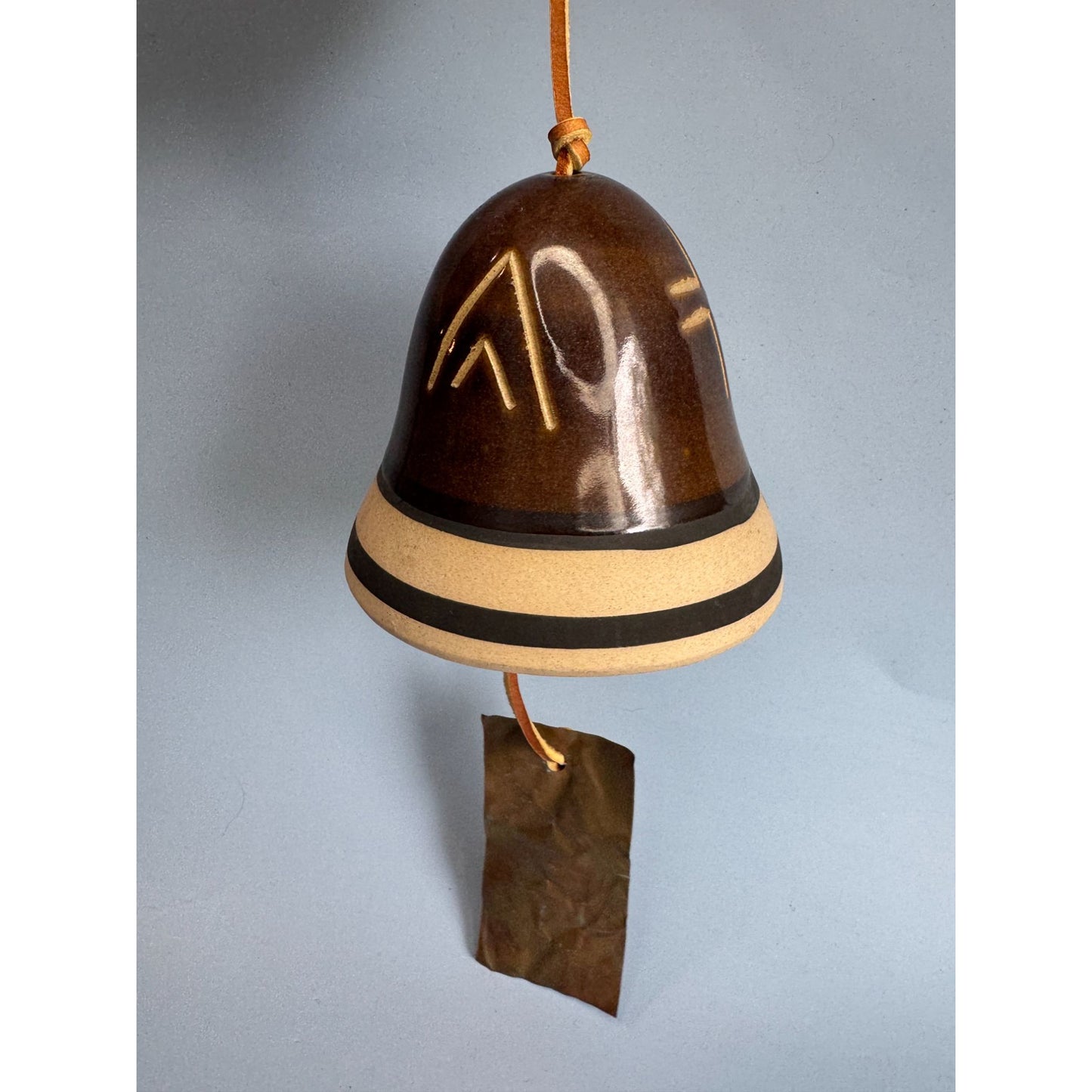 Native American Southwestern Pottery Bell With Leather Cord & Metal Clapper