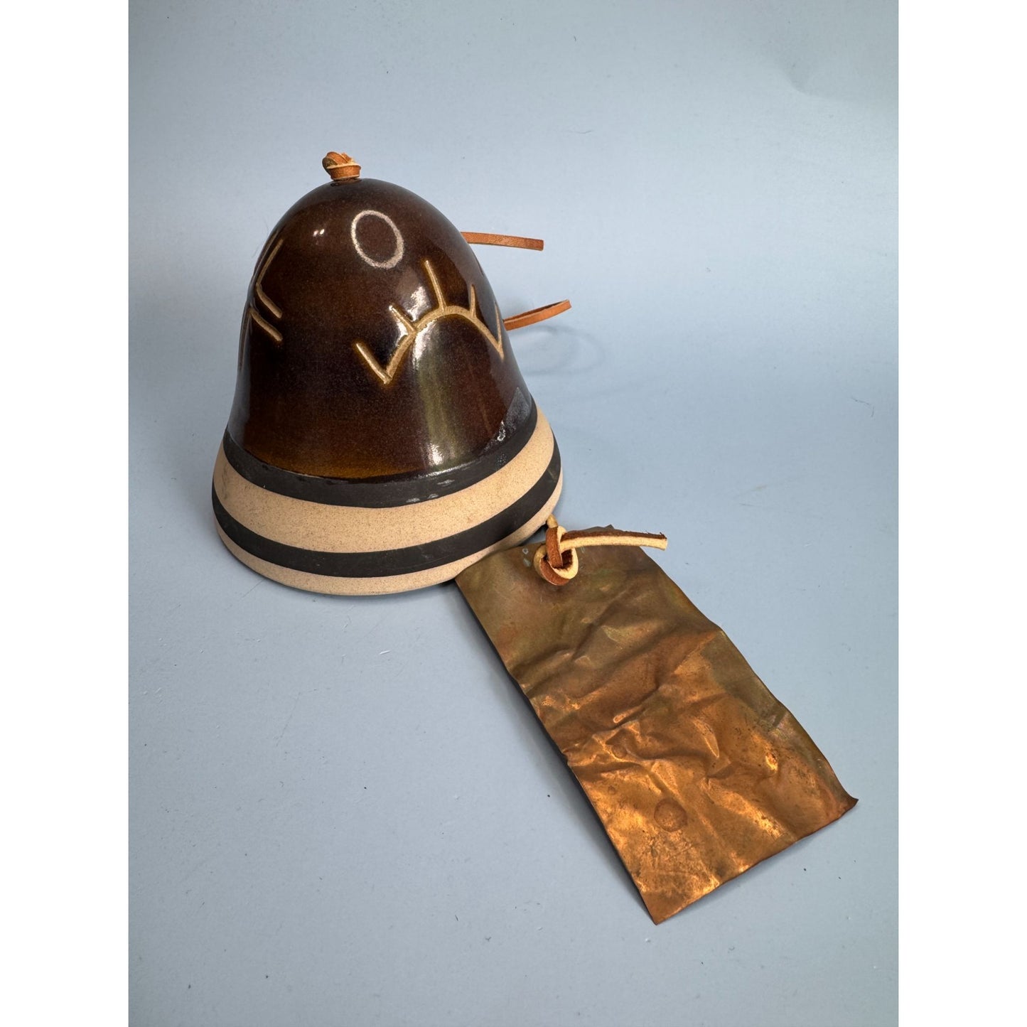 Native American Southwestern Pottery Bell With Leather Cord & Metal Clapper