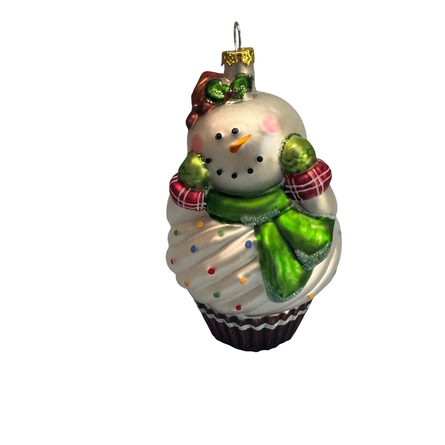 Snowman Cupcake Glass Ornament Blown White Green 4.5"