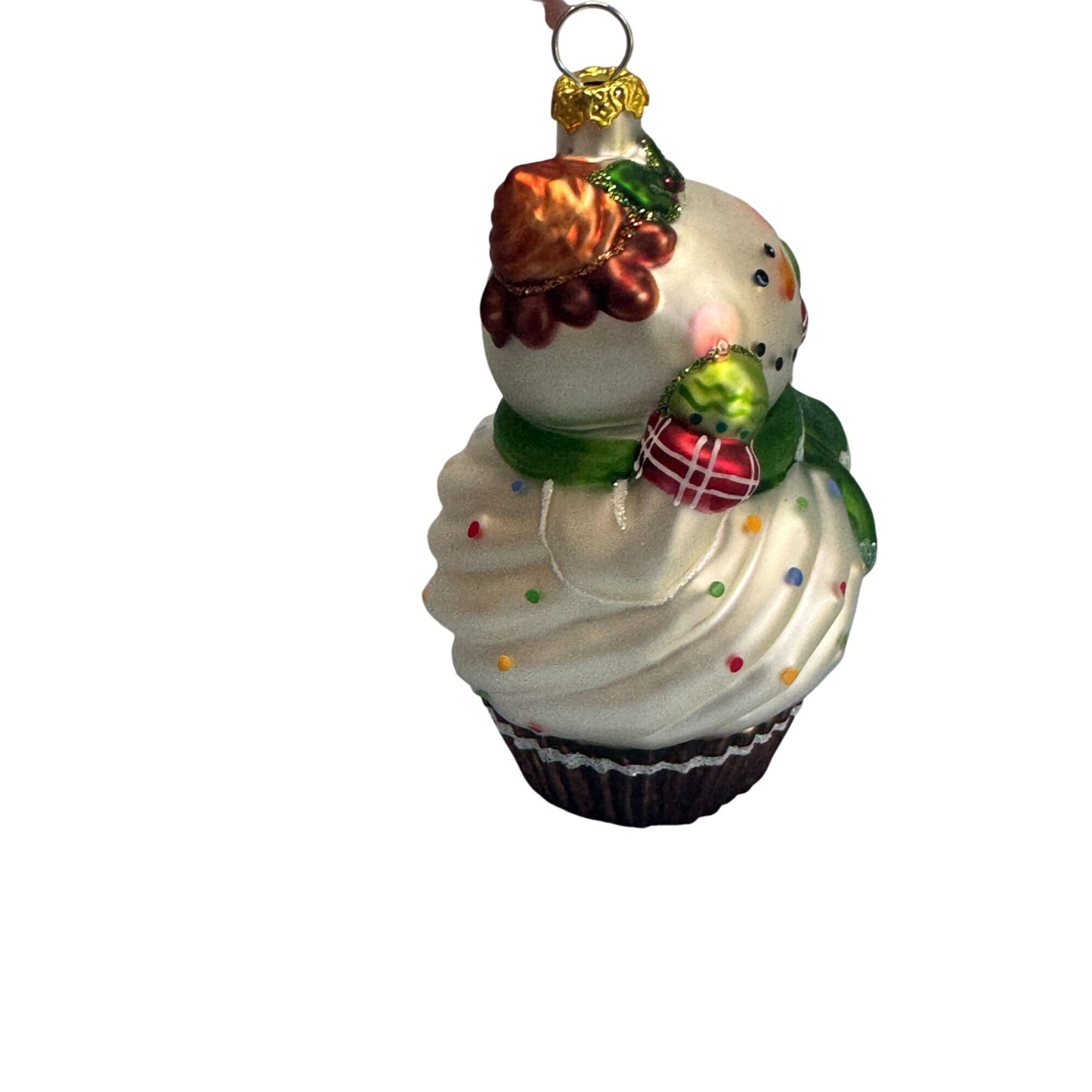 Snowman Cupcake Glass Ornament Blown White Green 4.5"