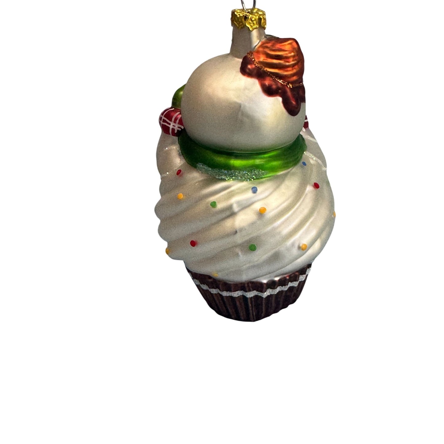 Snowman Cupcake Glass Ornament Blown White Green 4.5"