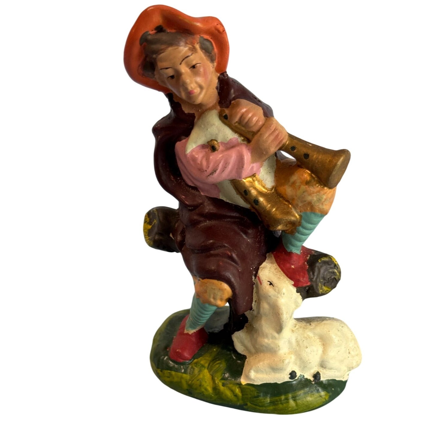 Midcentury Paper Mache Shepherd w/Horn Figurine Japan 4.5" Multicolor Handmade