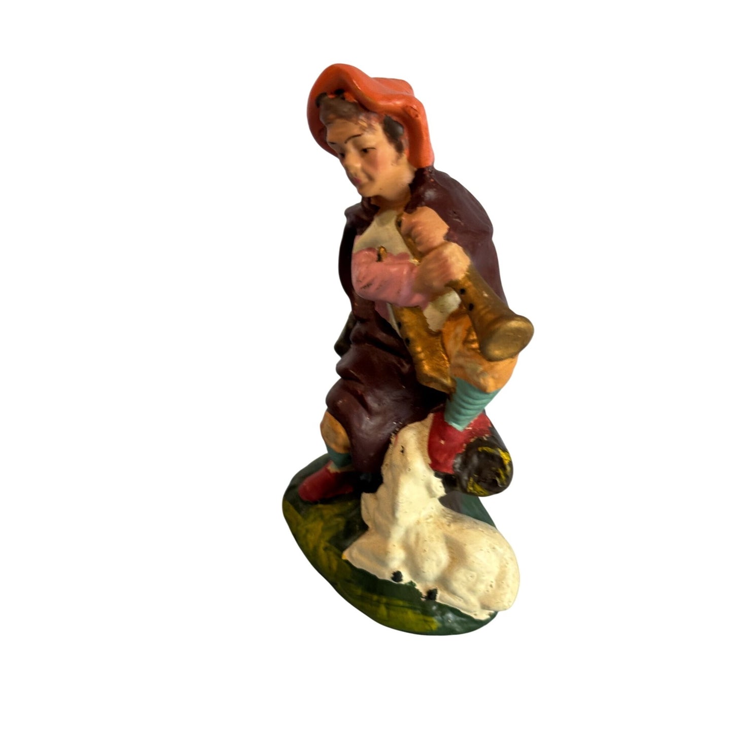 Midcentury Paper Mache Shepherd w/Horn Figurine Japan 4.5" Multicolor Handmade
