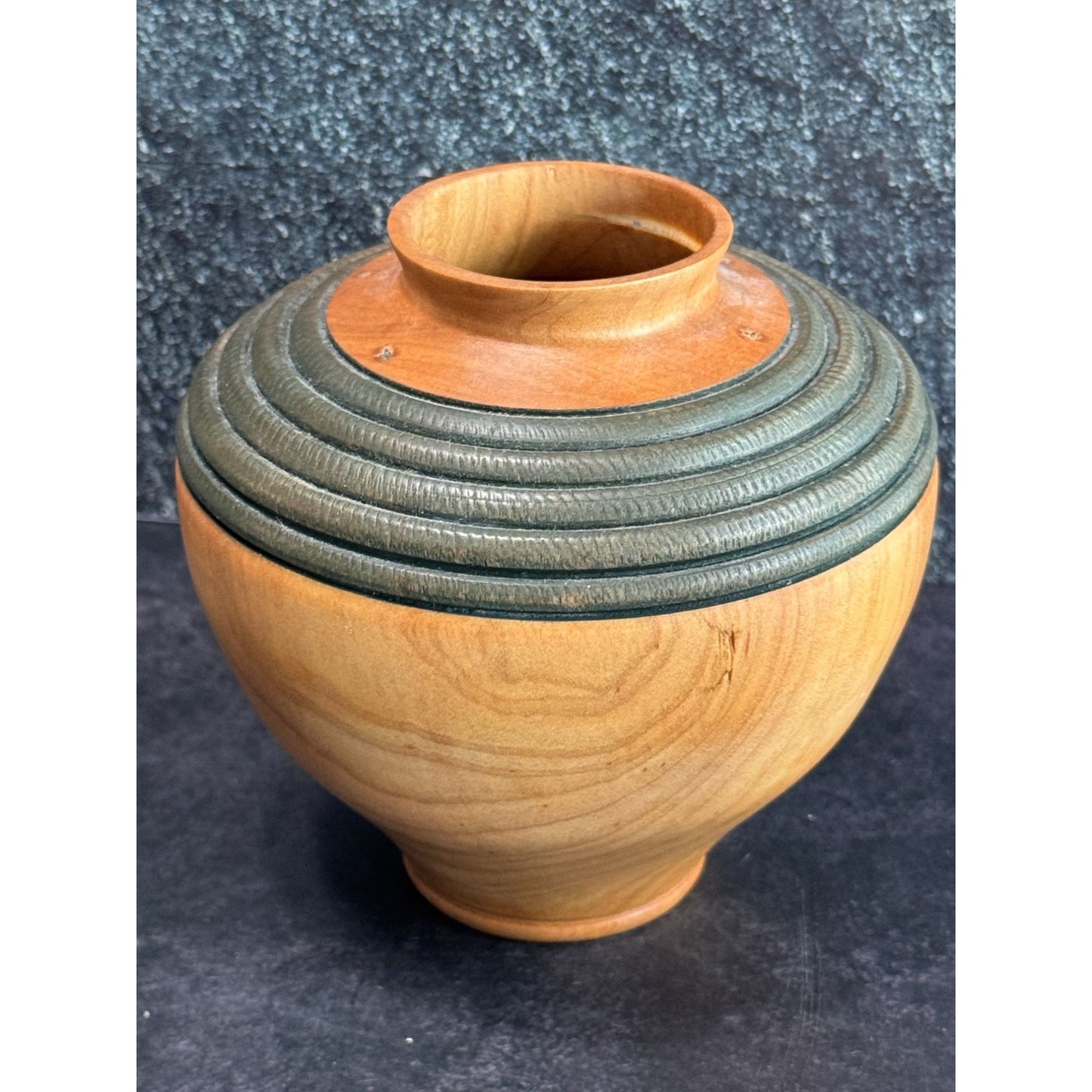 Handcrafted Wooden Vase With Carved Detailing & Natural Knot Design Signed SJ