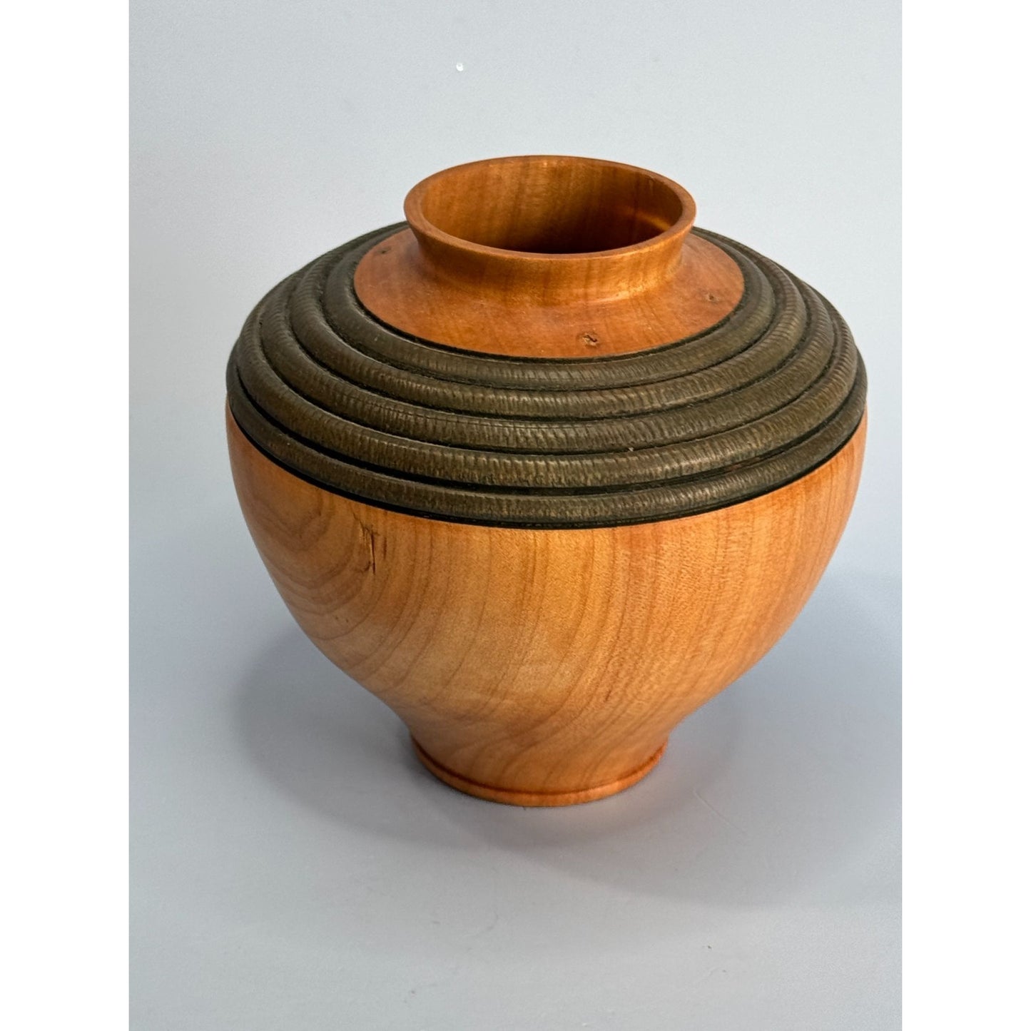 Handcrafted Wooden Vase With Carved Detailing & Natural Knot Design Signed SJ