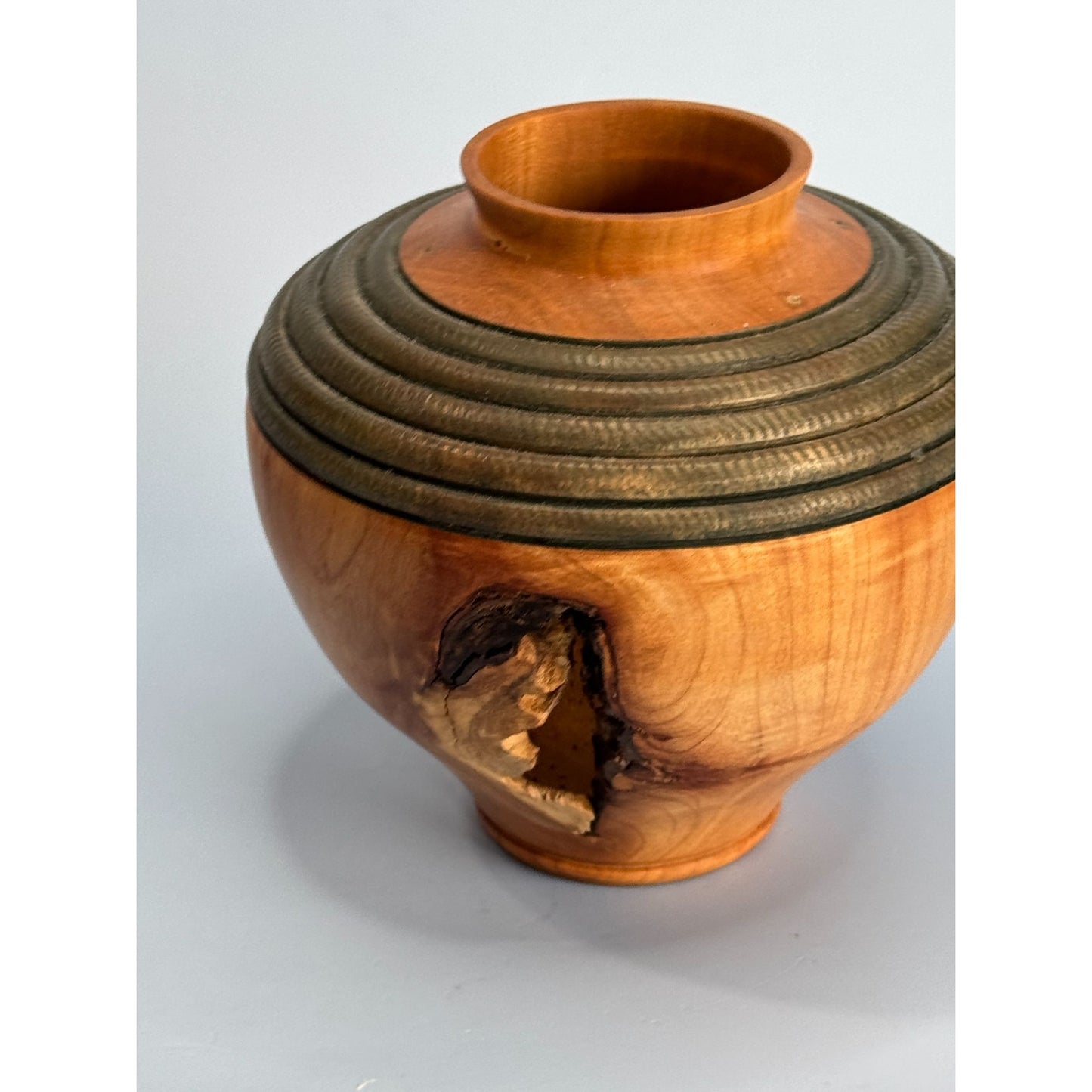 Handcrafted Wooden Vase With Carved Detailing & Natural Knot Design Signed SJ