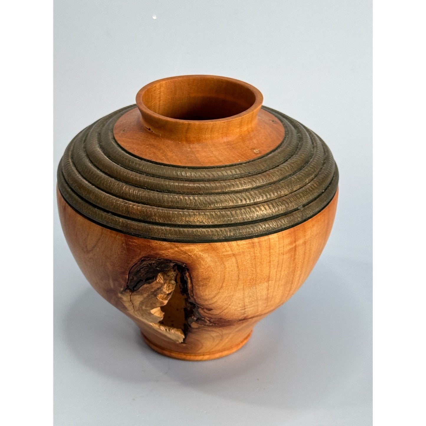 Handcrafted Wooden Vase With Carved Detailing & Natural Knot Design Signed SJ
