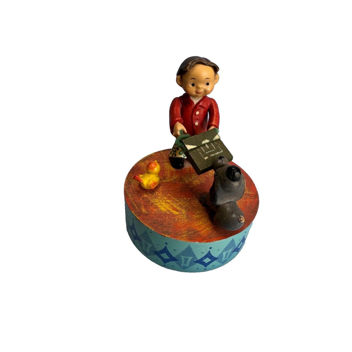 Vintage Anri Boy Dog Tug of War Rotating Wood Music Box "Sing" Italy