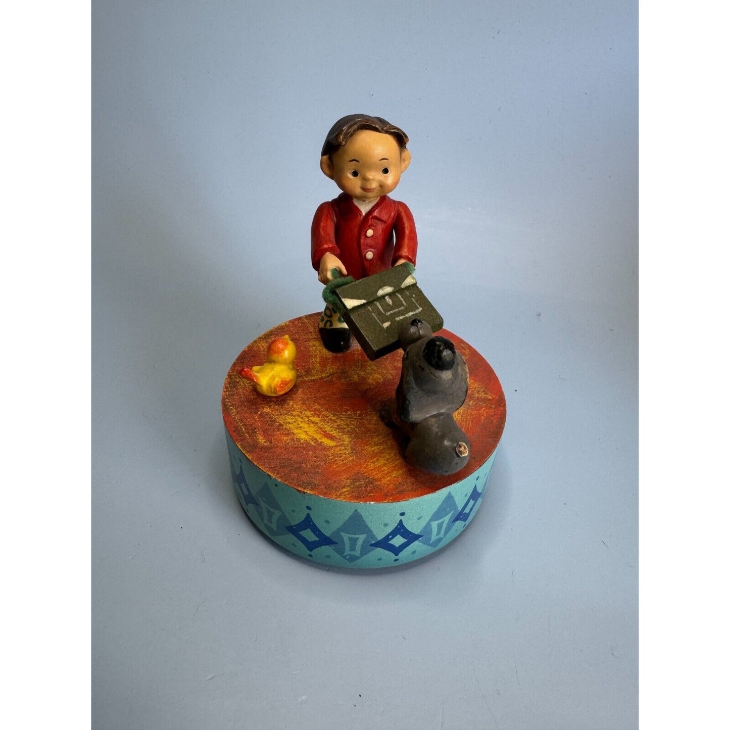 Vintage Anri Boy Dog Tug of War Rotating Wood Music Box "Sing" Italy