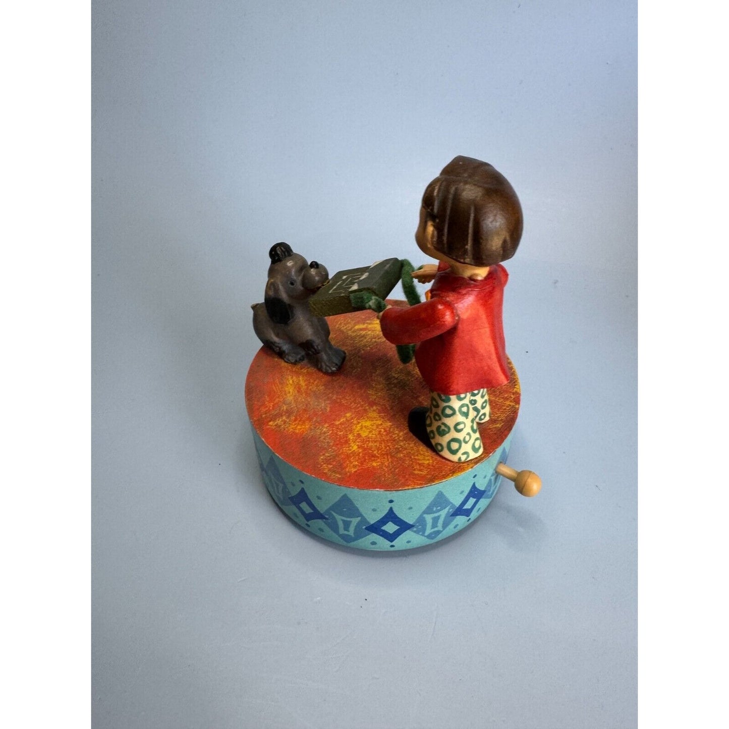Vintage Anri Boy Dog Tug of War Rotating Wood Music Box "Sing" Italy