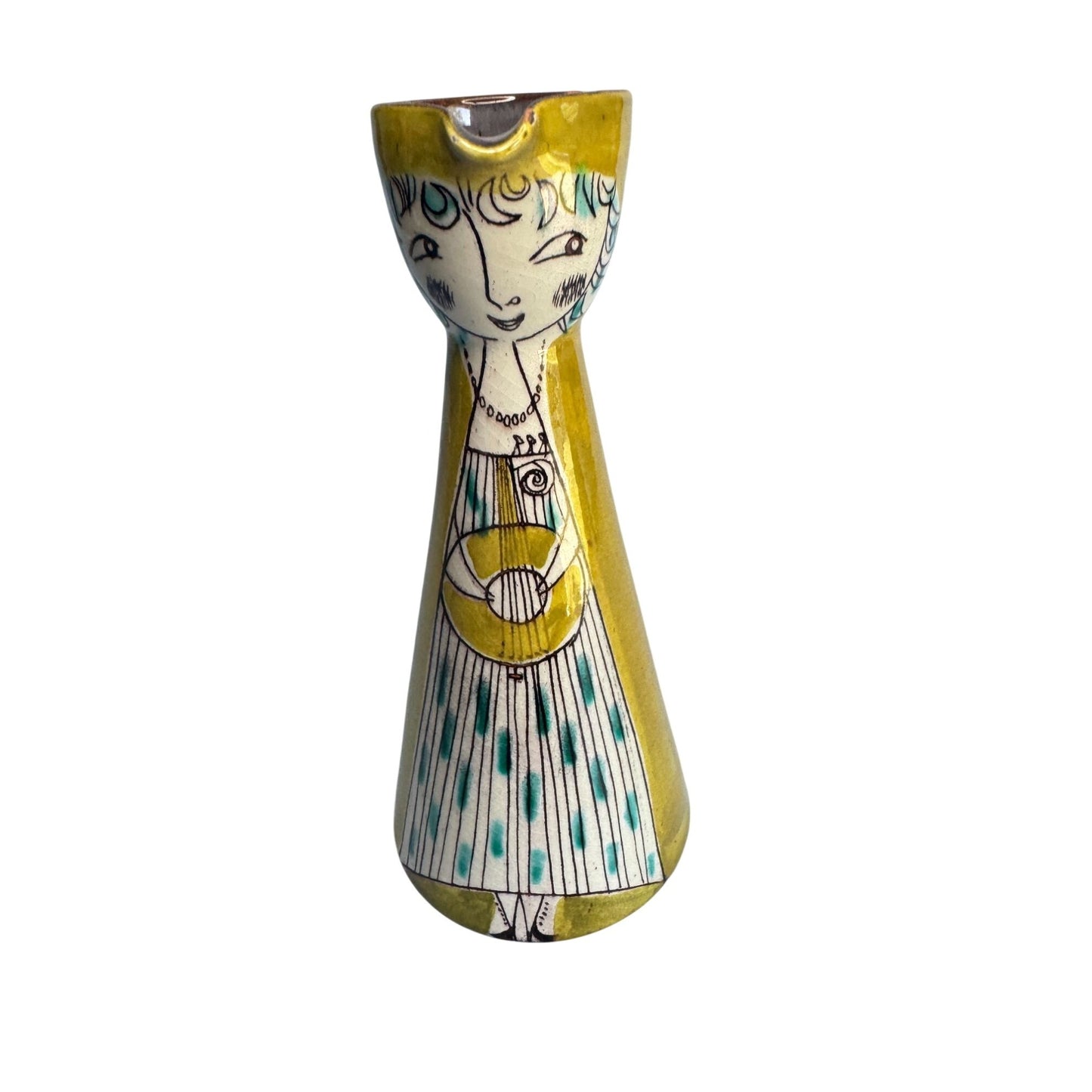 Mcm Muller Lucerne Handwork Swiss Ceramic Pitcher Yellow Teal Girl Art Design 6 1/2"
