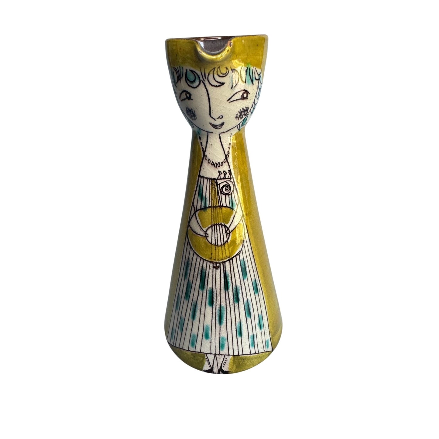 Mcm Muller Lucerne Handwork Swiss Ceramic Pitcher Yellow Teal Girl Art Design 6 1/2"