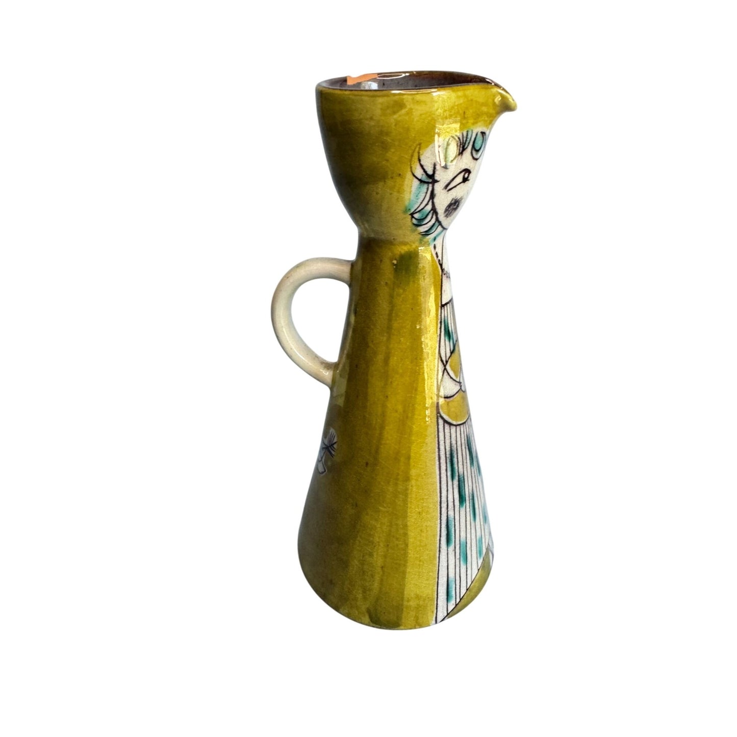 Mcm Muller Lucerne Handwork Swiss Ceramic Pitcher Yellow Teal Girl Art Design 6 1/2"