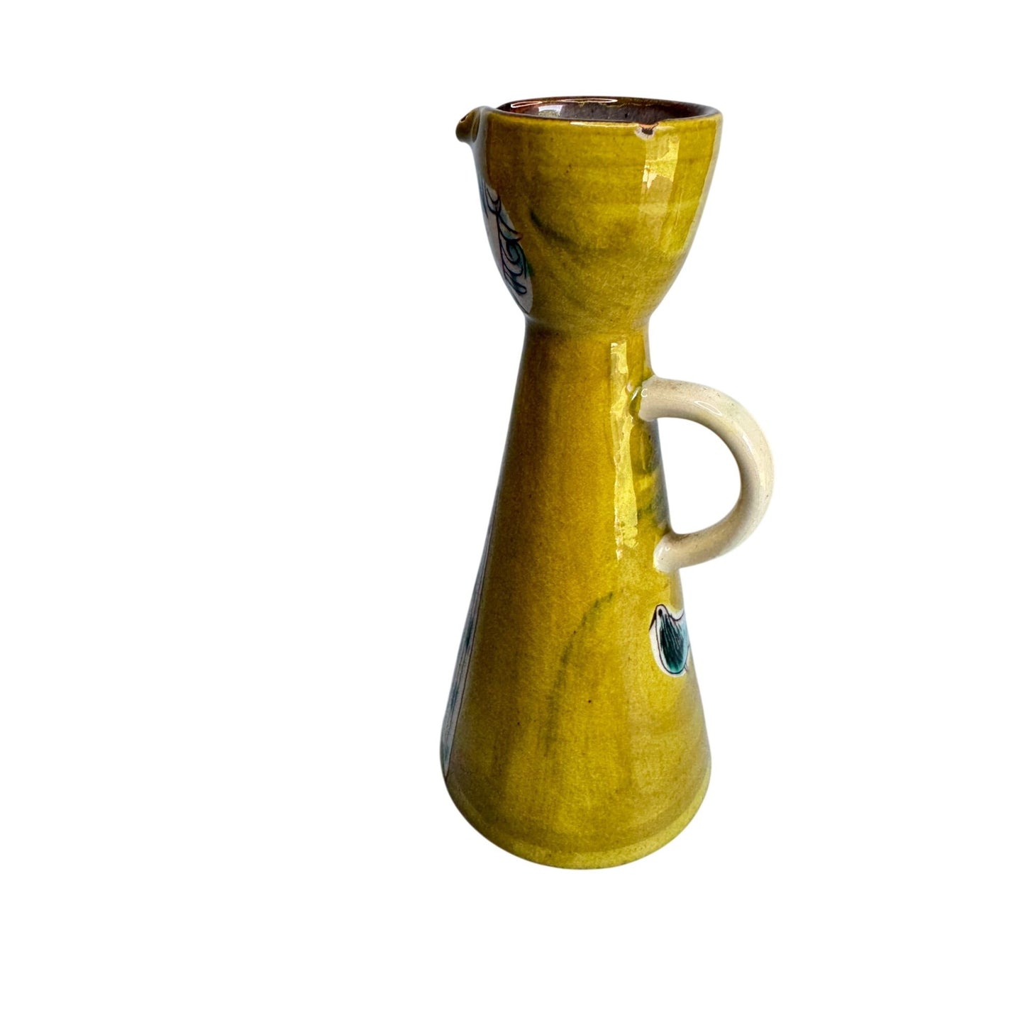 Mcm Muller Lucerne Handwork Swiss Ceramic Pitcher Yellow Teal Girl Art Design 6 1/2"