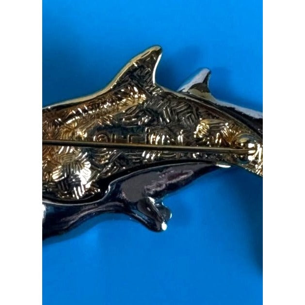 Liz Claiborne Dolphin Brooch Gold Silver Tone 3 Inch Vintage LCI Jewelry
