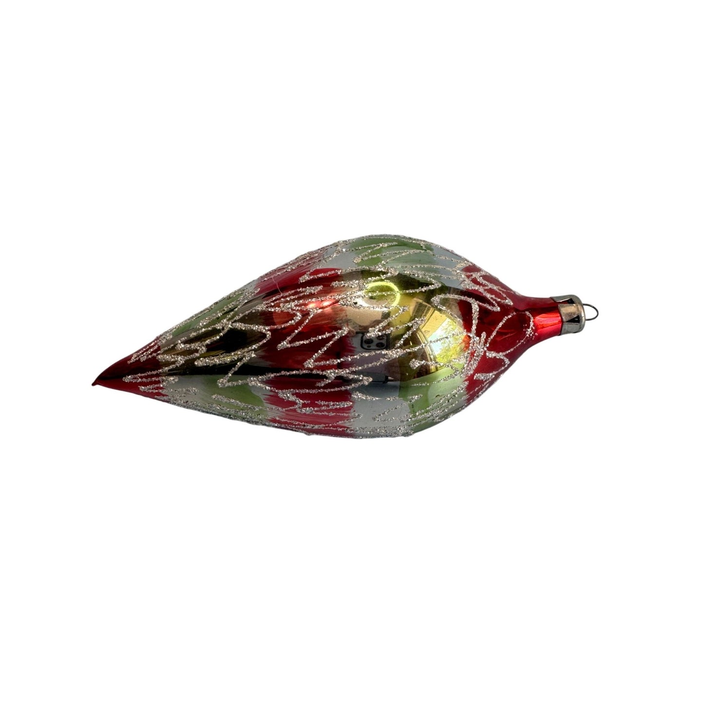 Vintage Teardrop Christmas Ornament 6" Blown Glass Red/Green/Silver Glitter