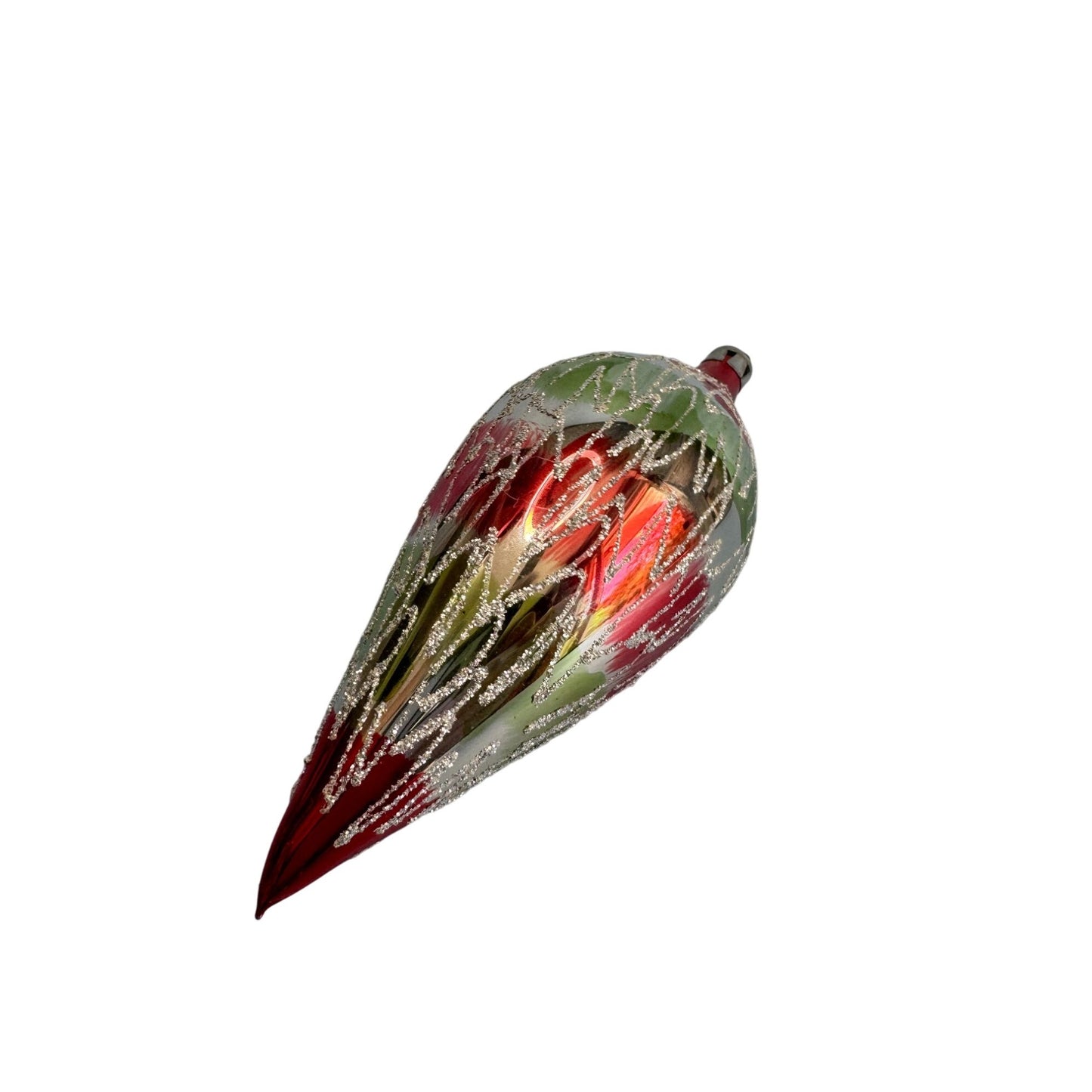 Vintage Teardrop Christmas Ornament 6" Blown Glass Red/Green/Silver Glitter