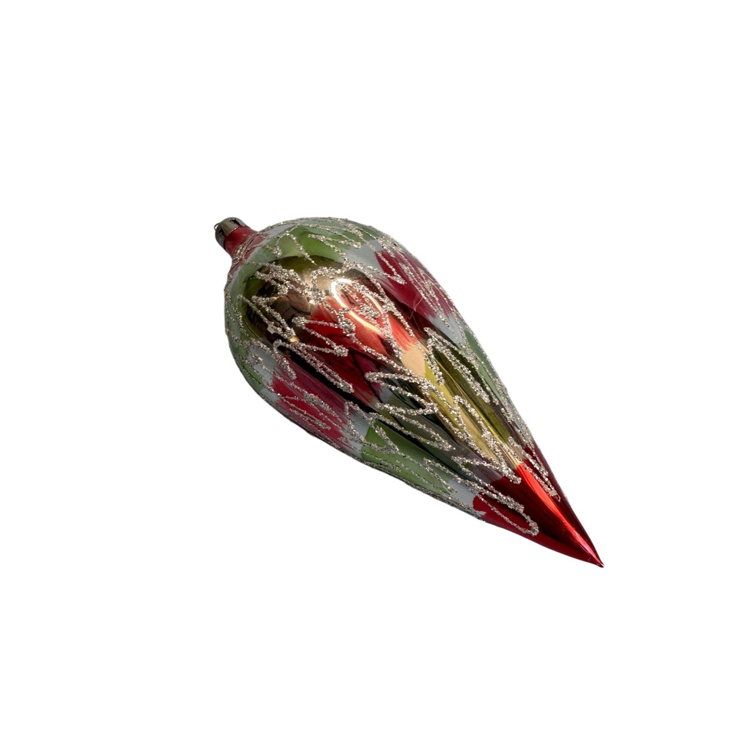 Vintage Teardrop Christmas Ornament 6" Blown Glass Red/Green/Silver Glitter