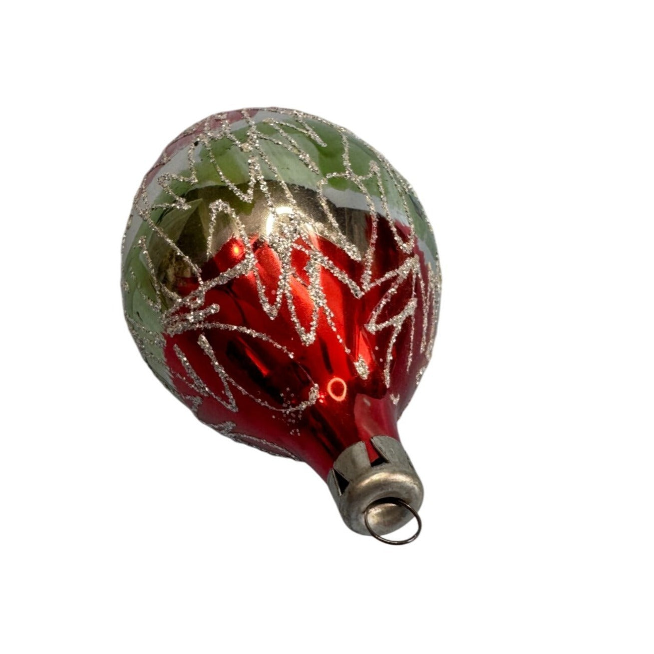 Vintage Teardrop Christmas Ornament 6" Blown Glass Red/Green/Silver Glitter