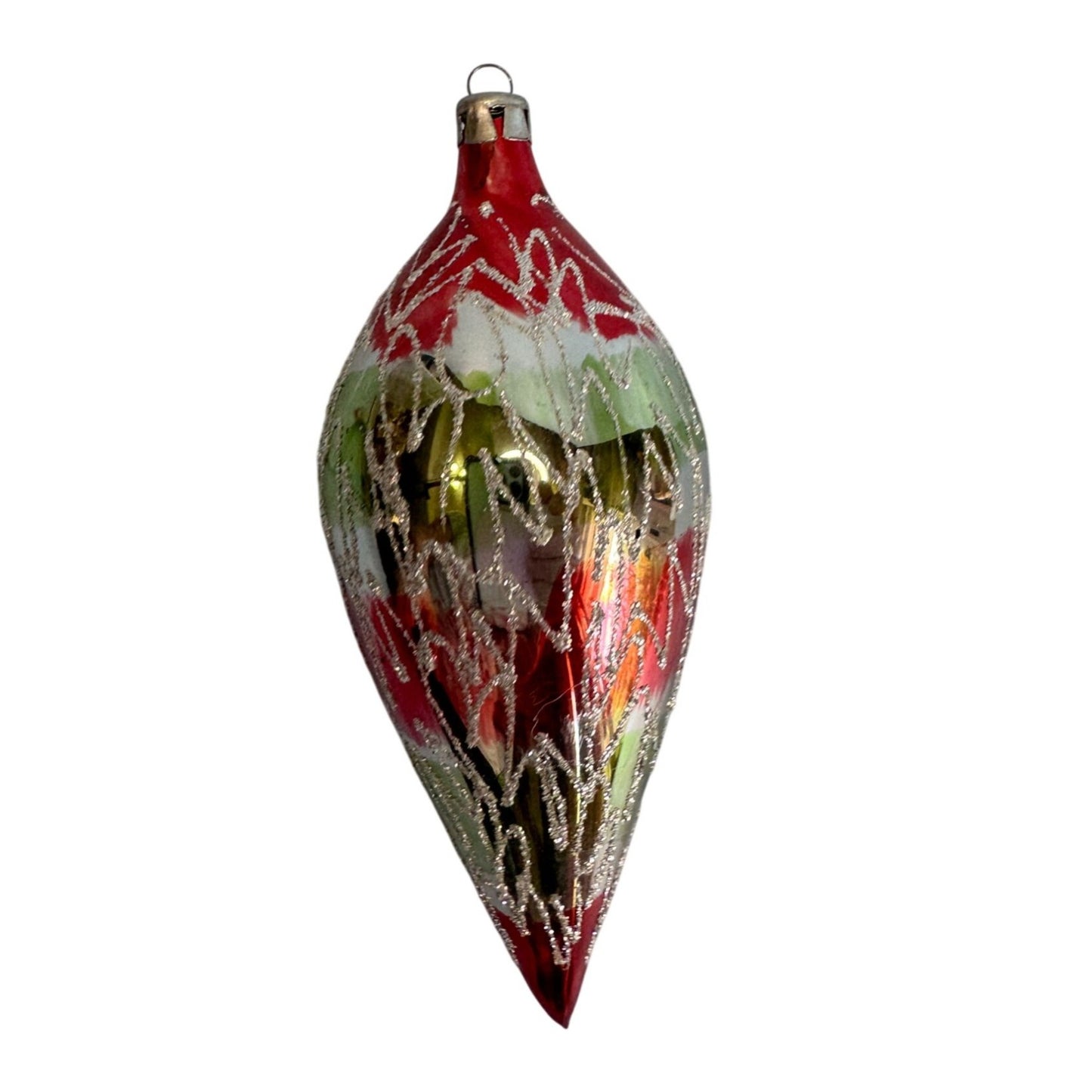 Vintage Teardrop Christmas Ornament 6" Blown Glass Red/Green/Silver Glitter