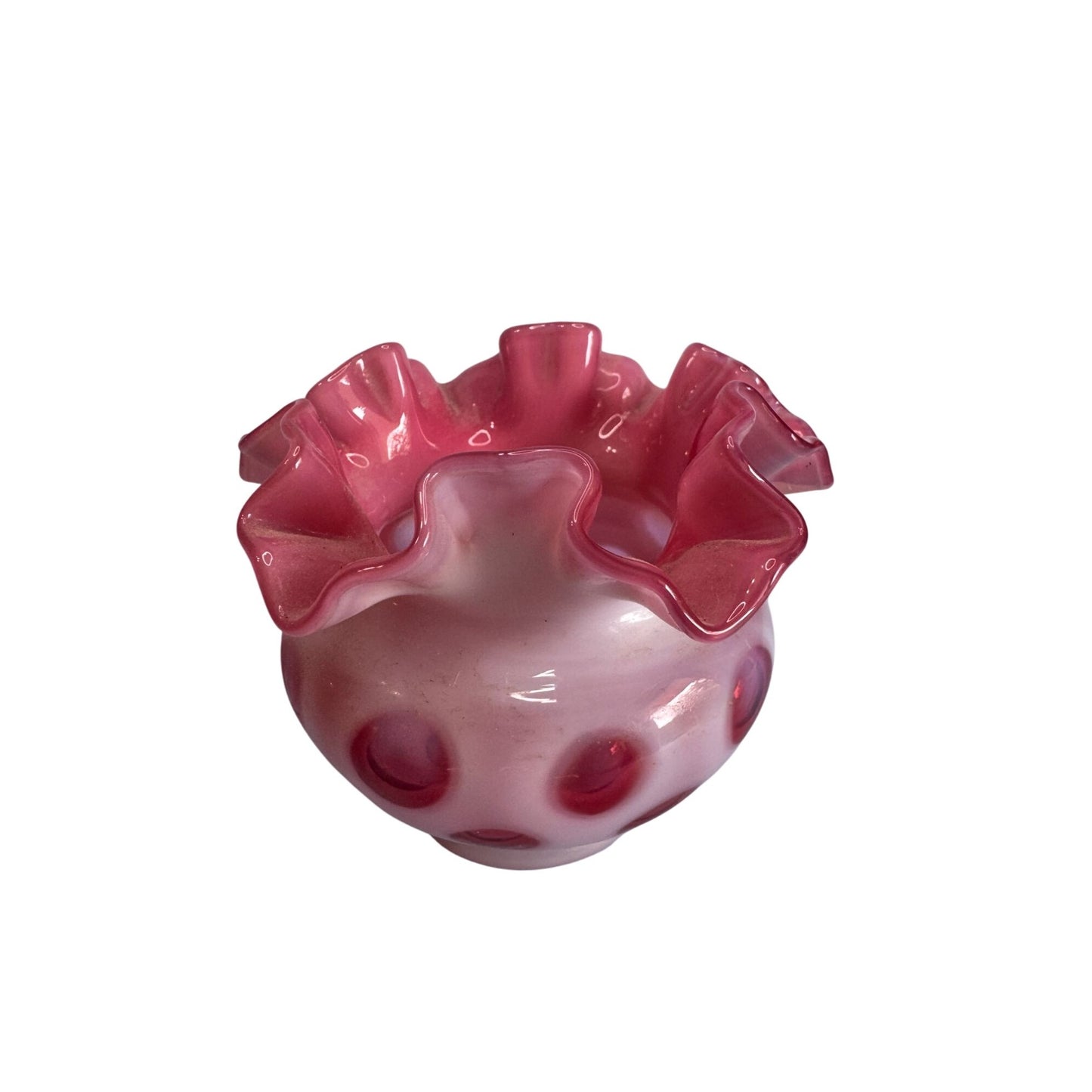 Fenton Cranberry Opalescent Hobnail Ruffled Vase 3 3/4" tall