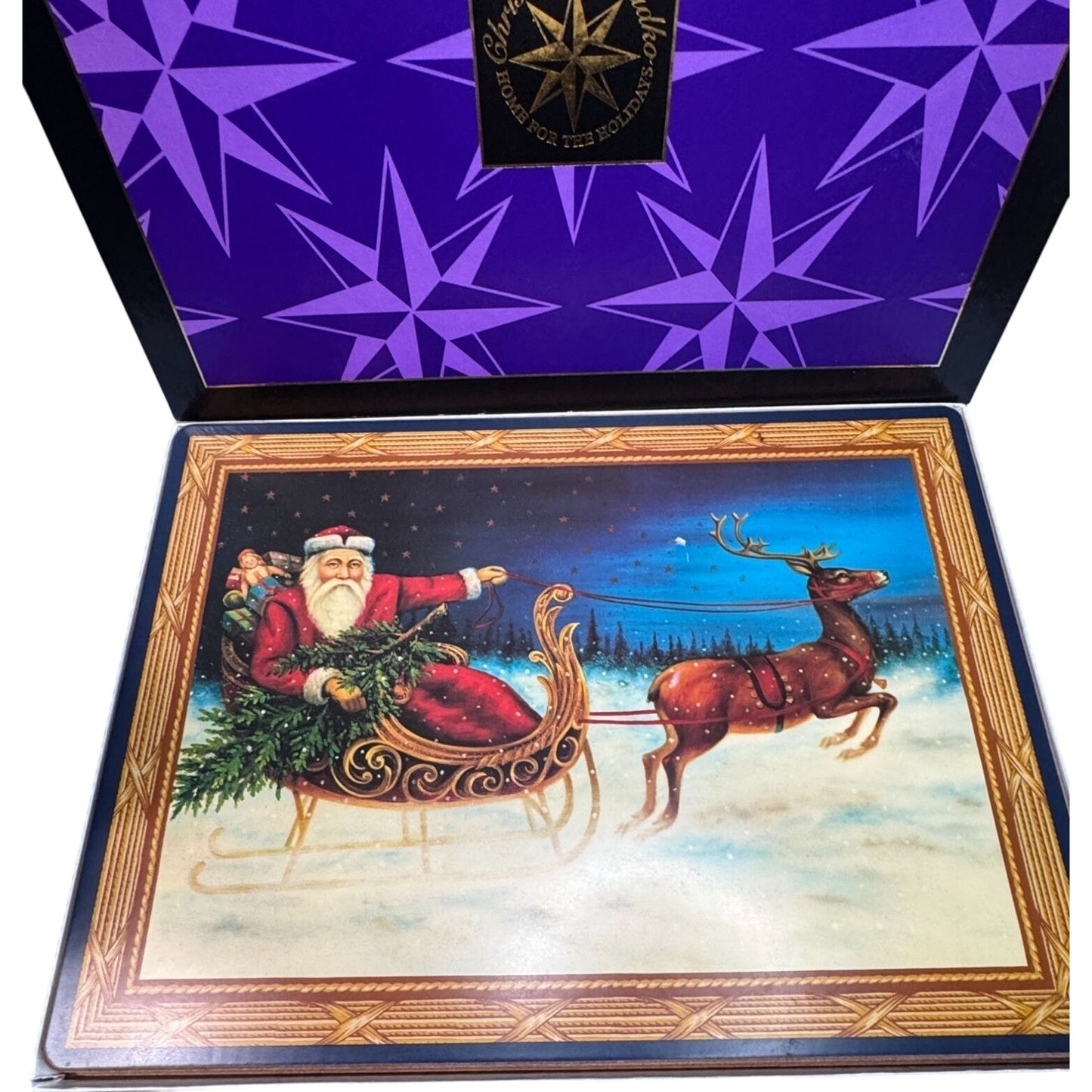 Christopher Radko Home for the Holiday Santa Placemat Set Cork Back W/ Box - Nostalgic Christmas Art