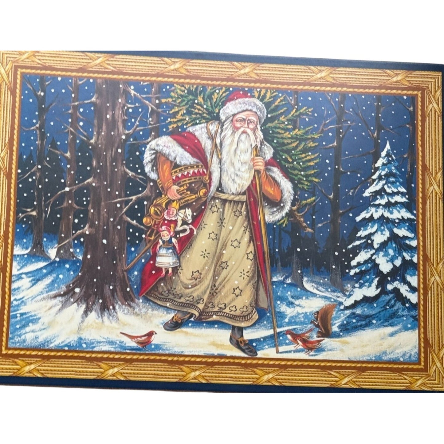 Christopher Radko Home for the Holiday Santa Placemat Set Cork Back W/ Box - Nostalgic Christmas Art