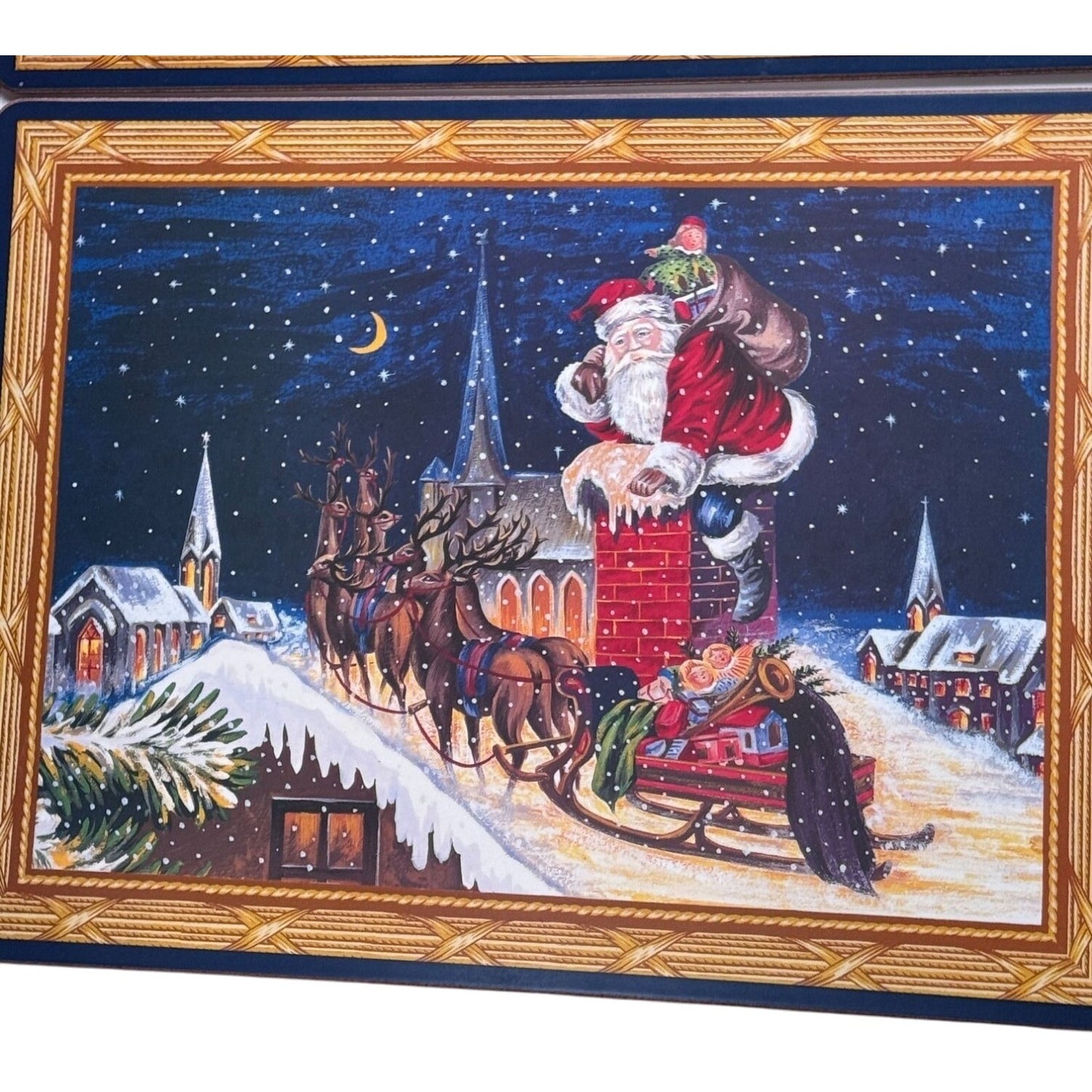 Christopher Radko Home for the Holiday Santa Placemat Set Cork Back W/ Box - Nostalgic Christmas Art