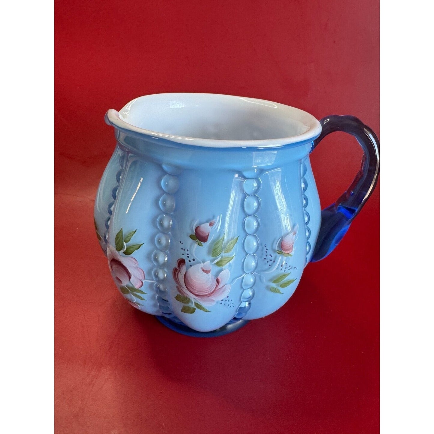 Fenton Melon Rib Blue Overlay Milk Glass Beaded Pitcher Hand Painted Signed