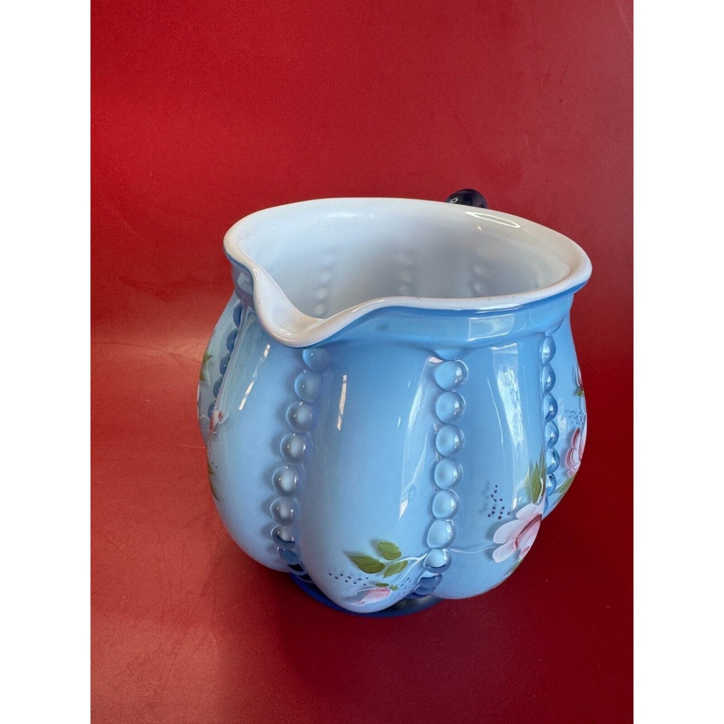 Fenton Melon Rib Blue Overlay Milk Glass Beaded Pitcher Hand Painted Signed