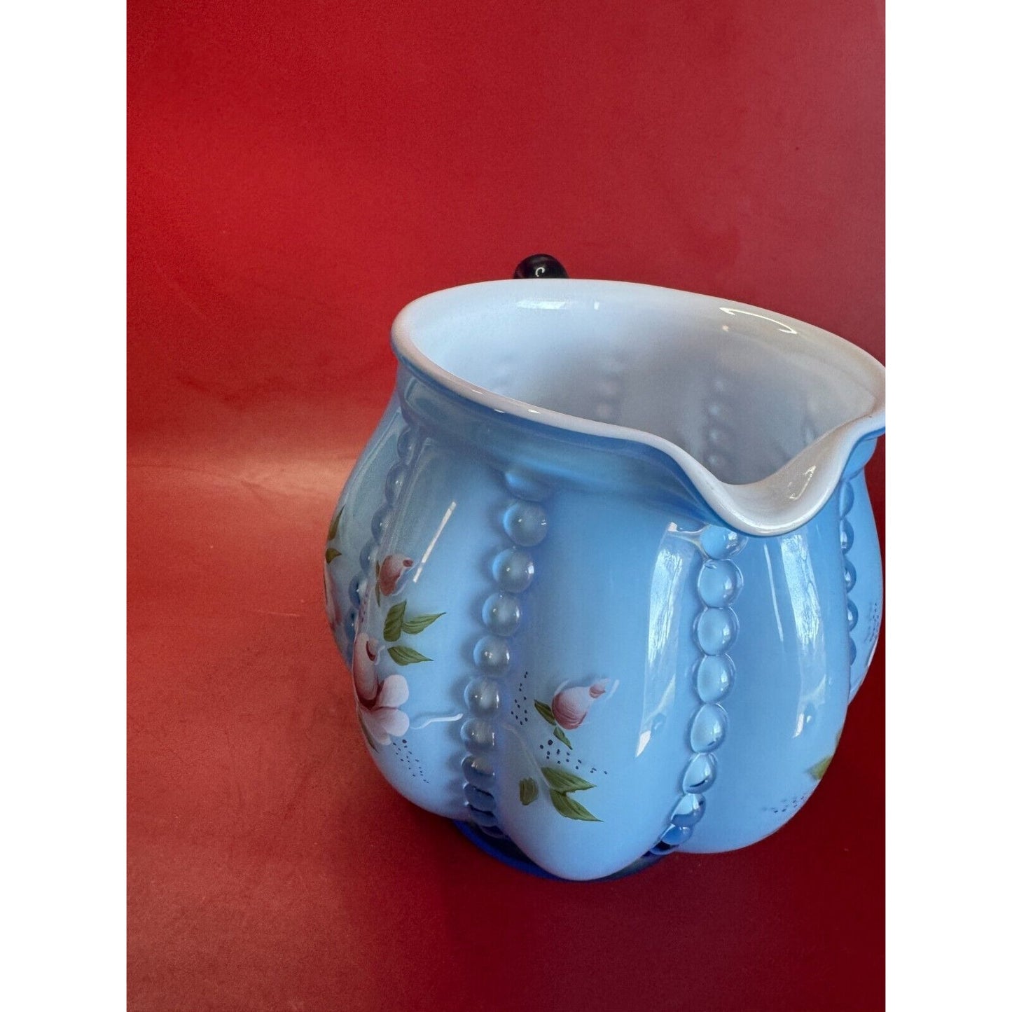 Fenton Melon Rib Blue Overlay Milk Glass Beaded Pitcher Hand Painted Signed