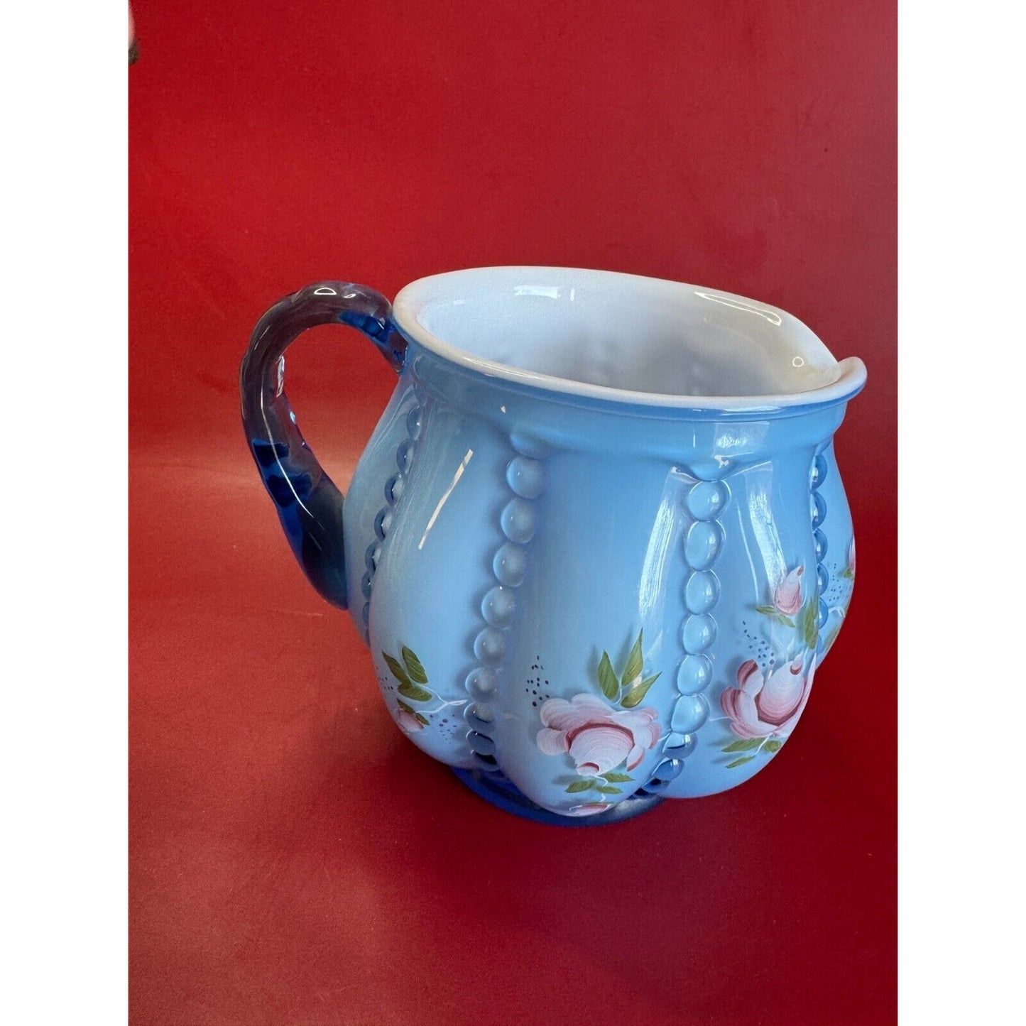 Fenton Melon Rib Blue Overlay Milk Glass Beaded Pitcher Hand Painted Signed