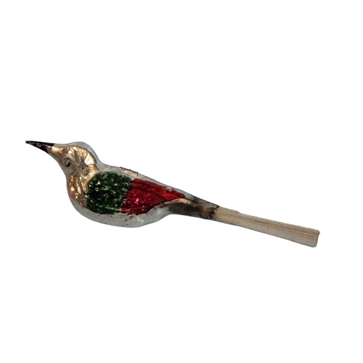 Vintage Blown Mercury Glass Bird Ornament Red Green Silver 4.5" w/tail Germany