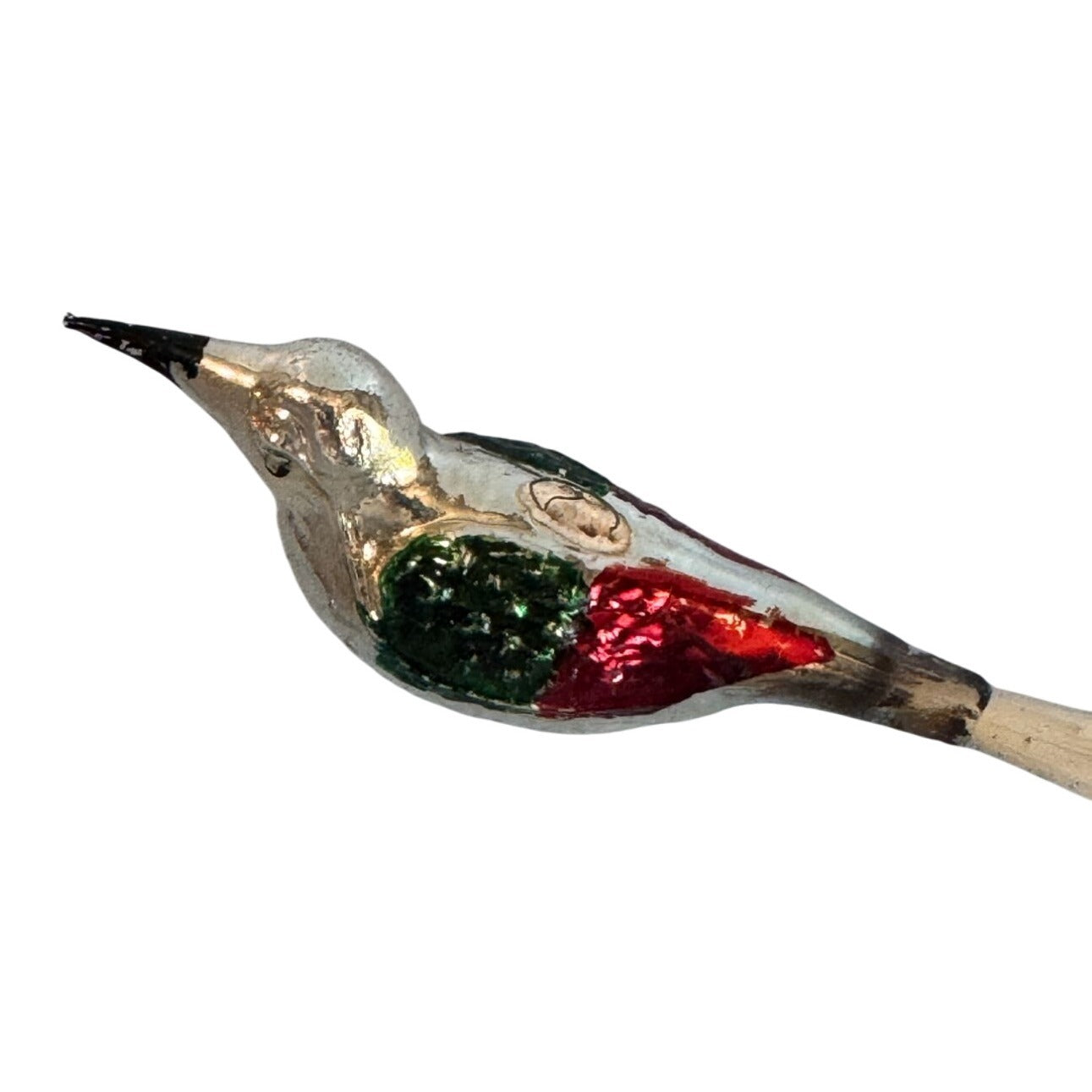 Vintage Blown Mercury Glass Bird Ornament Red Green Silver 4.5" w/tail Germany