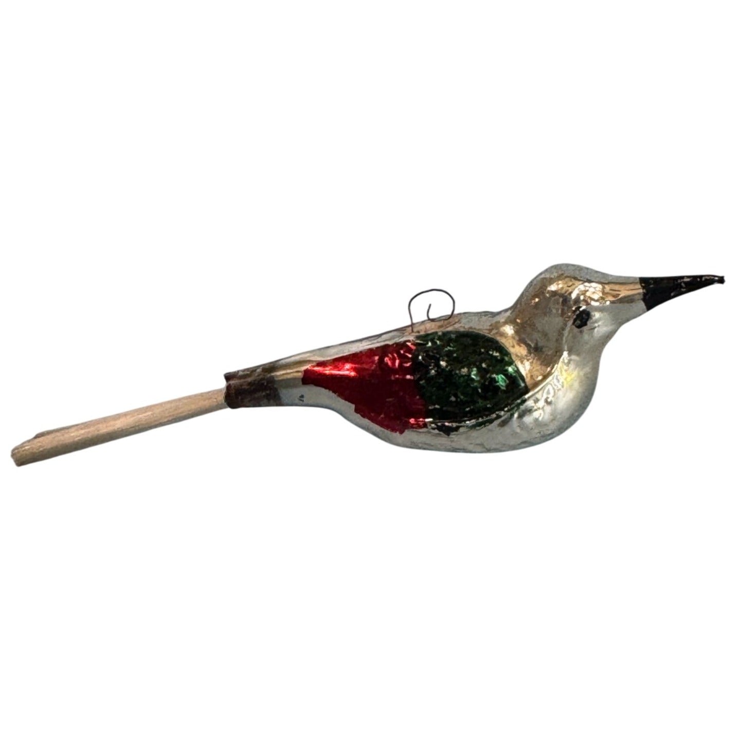 Vintage Blown Mercury Glass Bird Ornament Red Green Silver 4.5" w/tail Germany