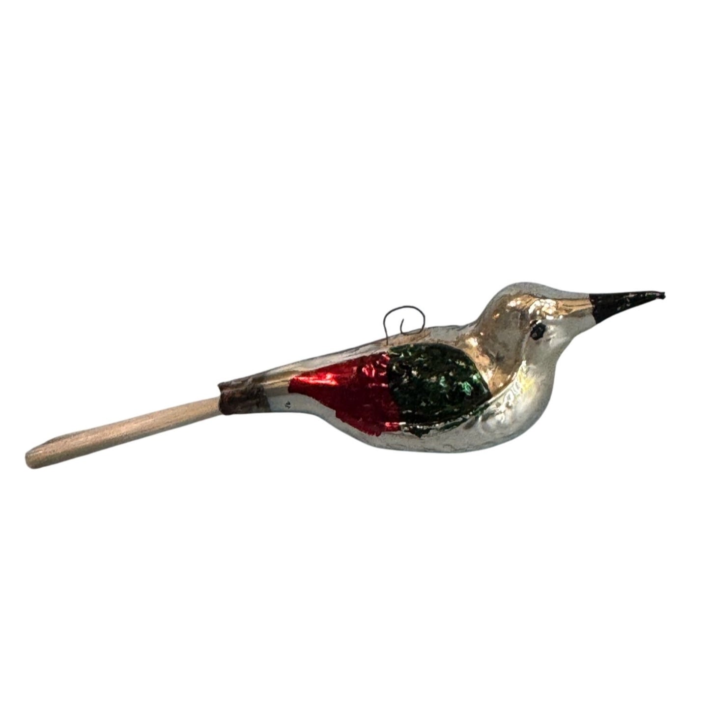 Vintage Blown Mercury Glass Bird Ornament Red Green Silver 4.5" w/tail Germany