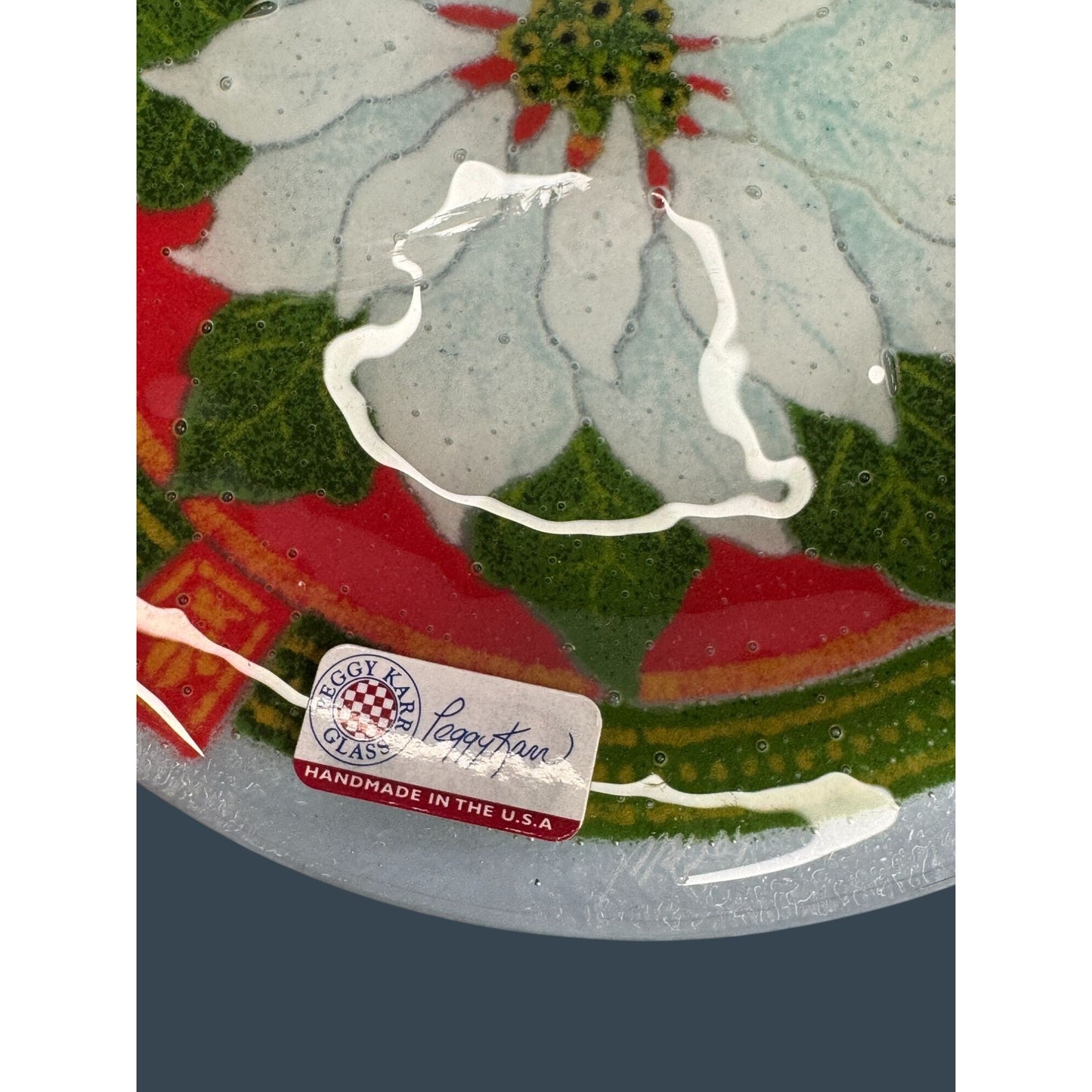 Peggy Karr Glass Holiday Poinsettia Plate 7.75" Handmade In USA Vibrant Red Green White Design
