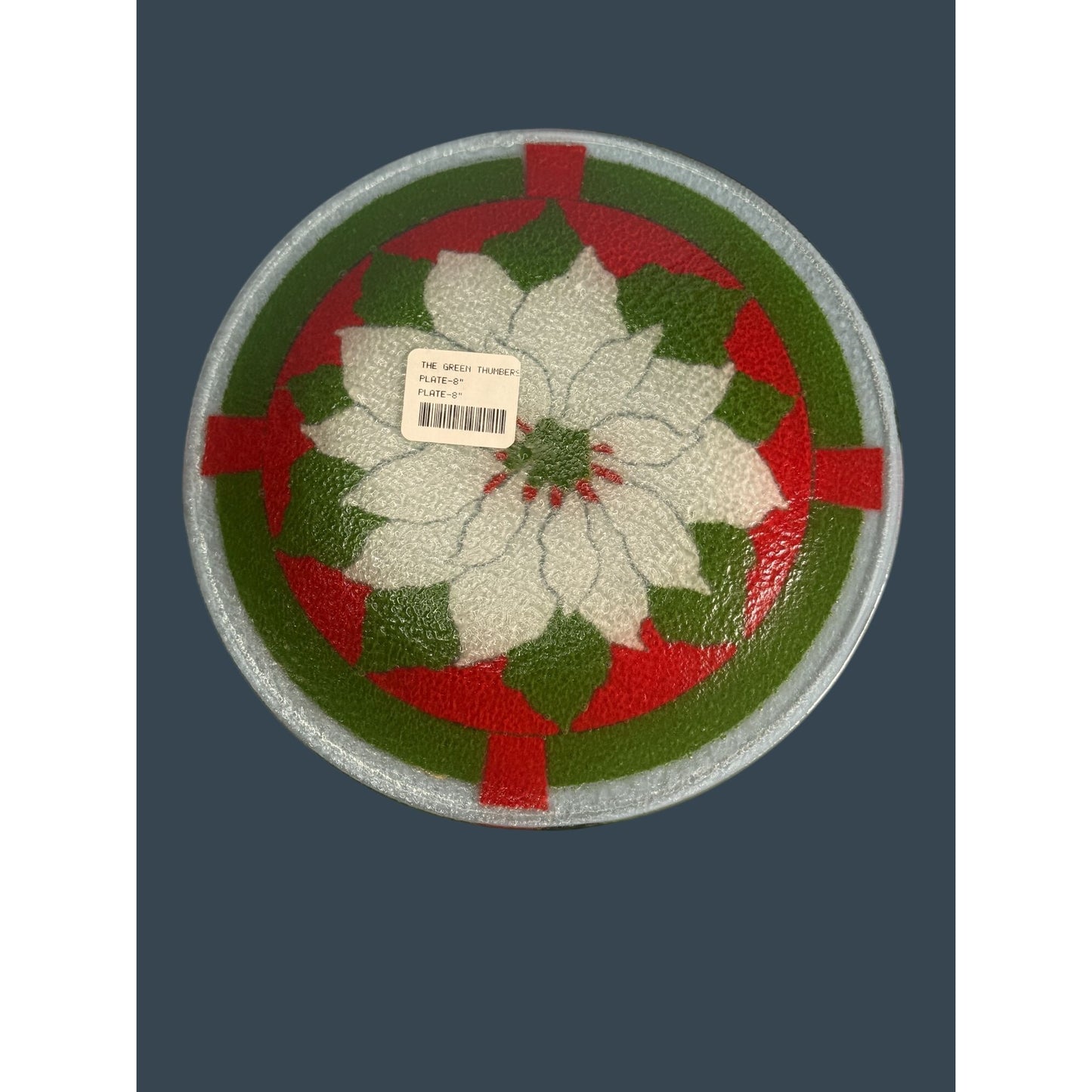 Peggy Karr Glass Holiday Poinsettia Plate 7.75" Handmade In USA Vibrant Red Green White Design