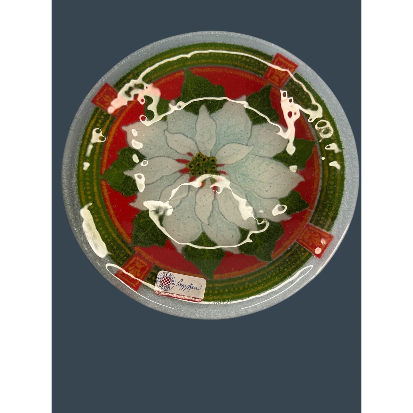 Peggy Karr Glass Holiday Poinsettia Plate 7.75" Handmade In USA Vibrant Red Green White Design