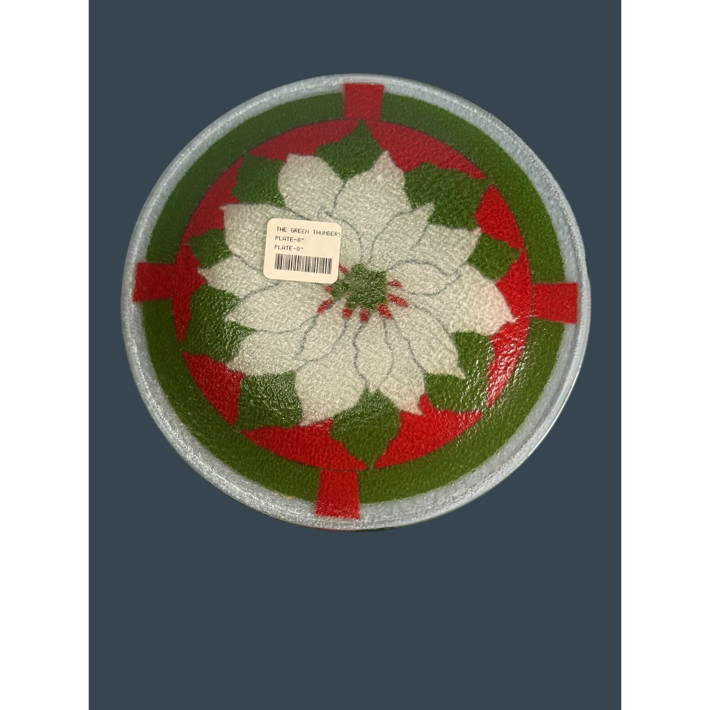 Peggy Karr Glass Holiday Poinsettia Plate 7.75" Handmade In USA Vibrant Red Green White Design