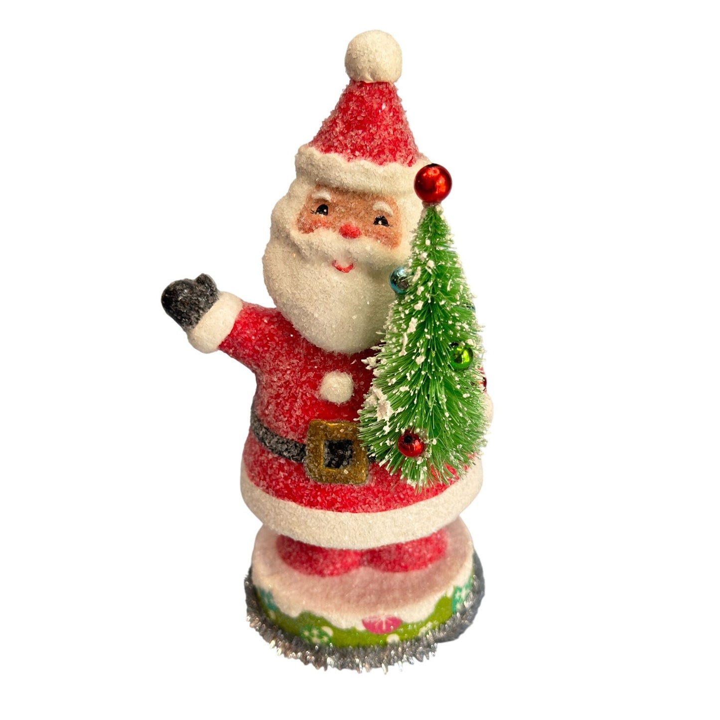 Vintage Glittered Santa Claus Figure with Bottle Brush Christmas Tree 8 1/4"