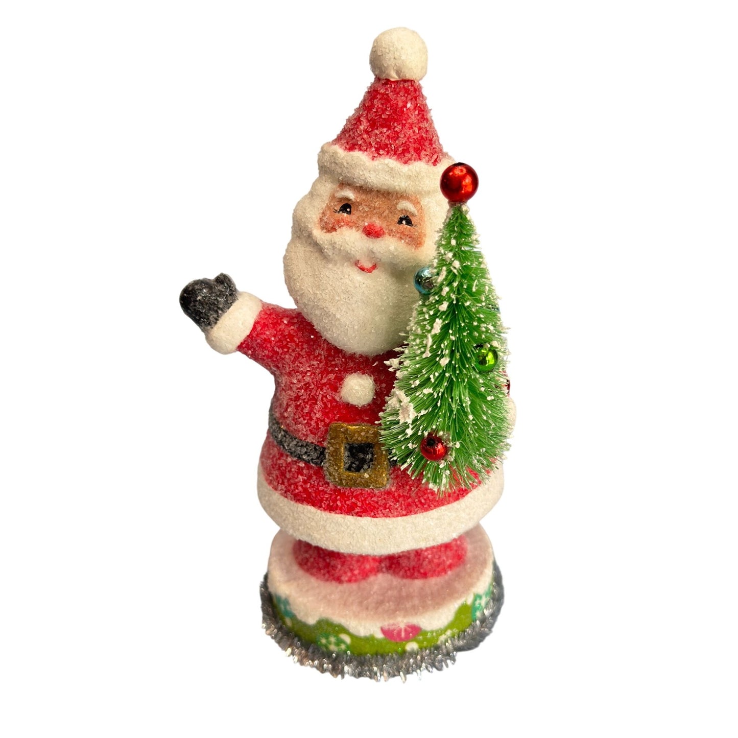 Vintage Glittered Santa Claus Figure with Bottle Brush Christmas Tree 8 1/4"
