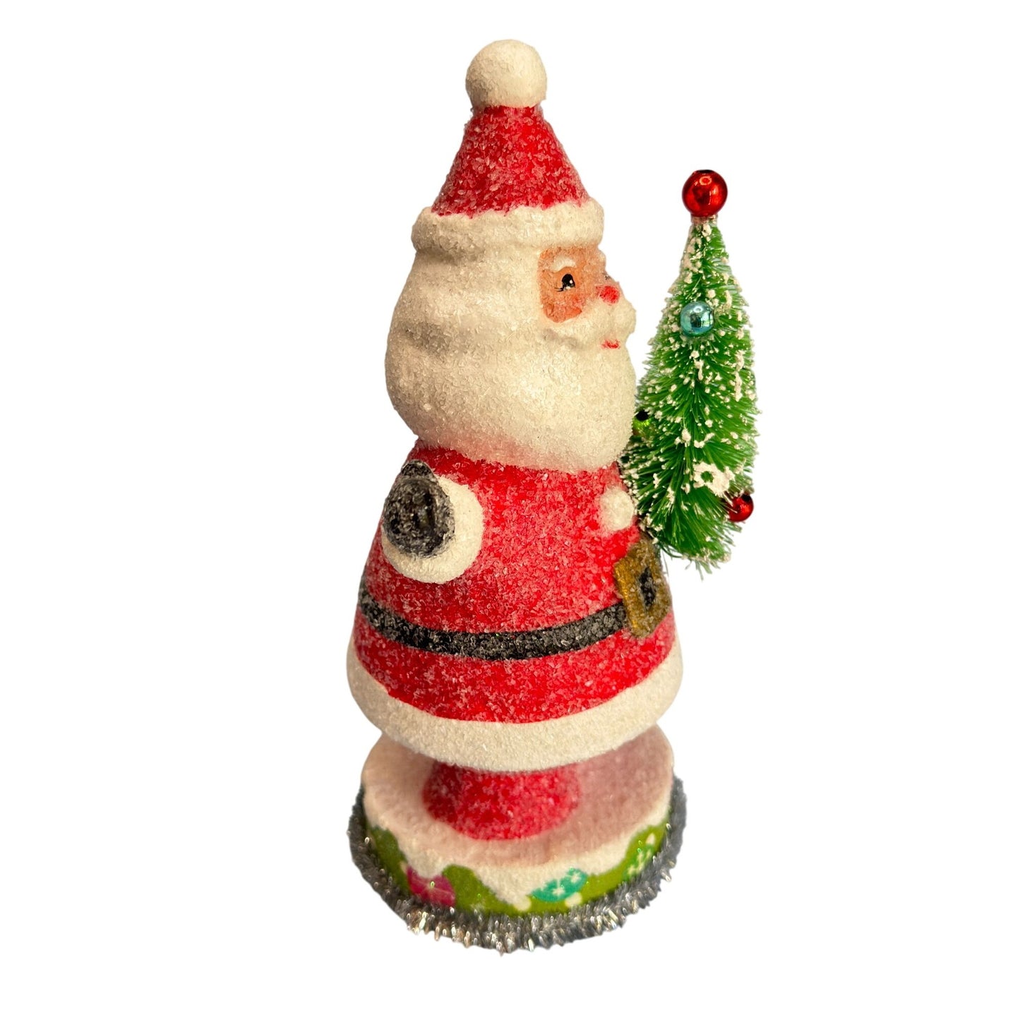 Vintage Glittered Santa Claus Figure with Bottle Brush Christmas Tree 8 1/4"