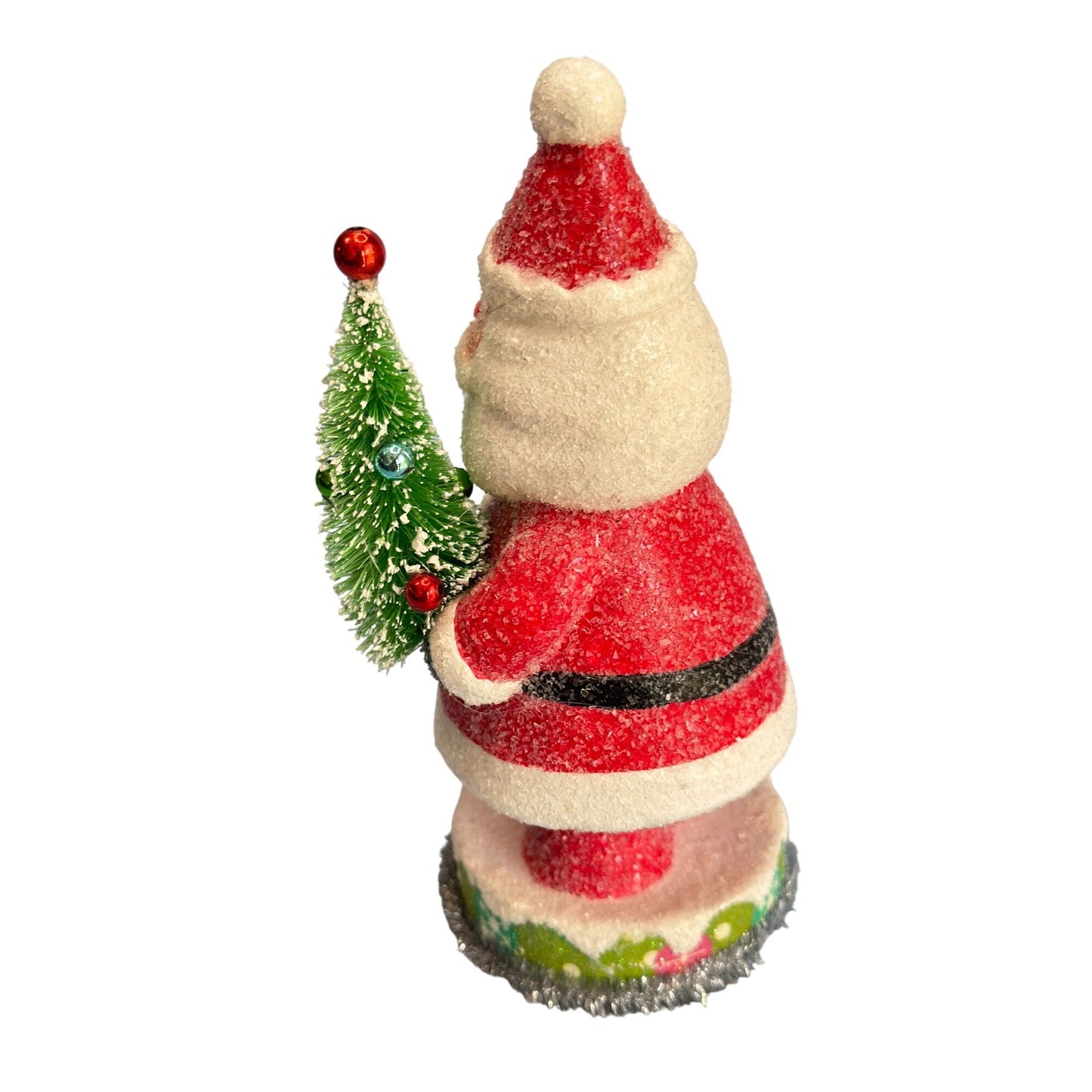 Vintage Glittered Santa Claus Figure with Bottle Brush Christmas Tree 8 1/4"
